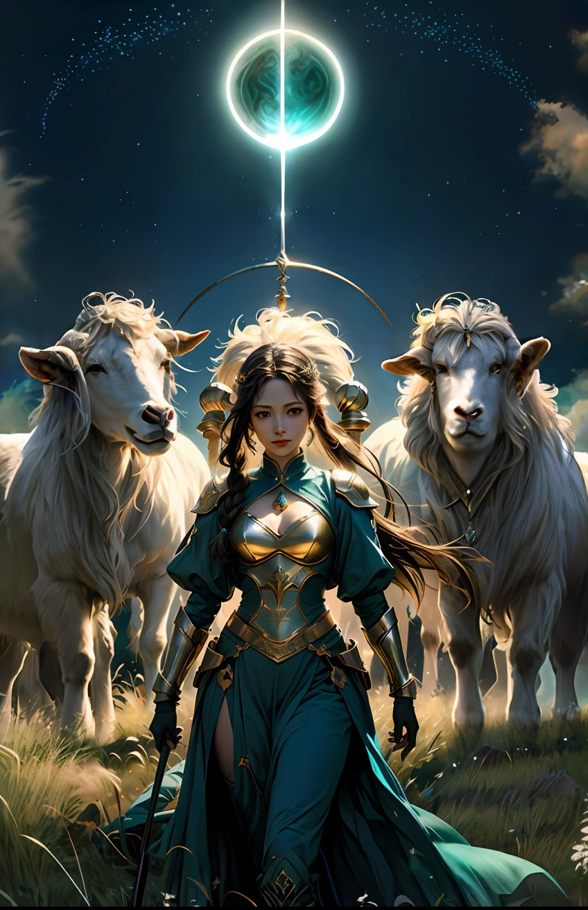 ((Gentle female Aries character:1.2)),Aries image,((starrysky)), (pecora),tarot design,(Aries symbol:1.5),((((grassland background:1.2)))),The stars twinkle,((A sense of mystery)),Cosmic elements,Majestic and deep atmosphere,Simple decorative details,mesmerizing eyes,,starlight embellishment,dream colors),Charming blonde curls,long braid,(Dark green tones complement white tones),Correct gestures,(1 Goddess of war),metall armour,Holding a precious sword,((Hyper-detailing))), (whirly,ventania:1.2),The farthest end, (Abyss),Extraordinary lighting,art painting,offcial art,统一 8k 壁纸,ultra - detailed,romanticism lain,((tmasterpiece)),The background is blurred out,The color palette of the artwork should be based on fairy tale fantasy、Mythological fantasy and high fantasy with saturated colors。The image should have a dreamy ethereal atmosphere,Atmospheric and volumetric lighting and dynamic lighting are utilized to emphasize the awesome aura of the image,fanciful,