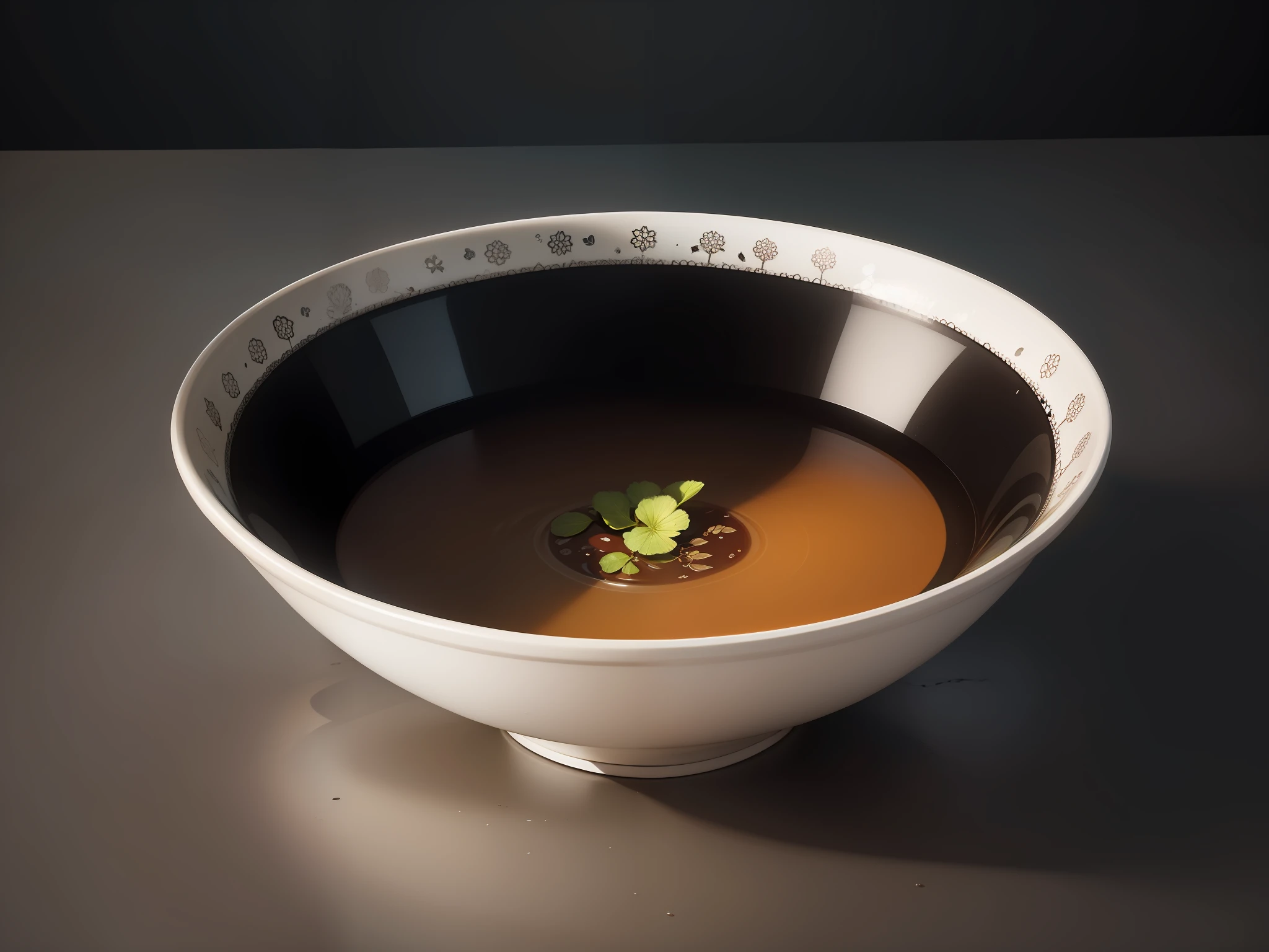 The image presents a dark environment，The background is all black，Highlight the brightness of the bowl。In the center of the picture，There is a simple white bowl，The bowl is painted with a delicate pattern，Details are clearly visible。The pattern presents delicate lines and textures，true to life。The bowl was filled with clear stock，Clear。The light shines diagonally downwards from above，Illuminate patterns and clear broth full of soup