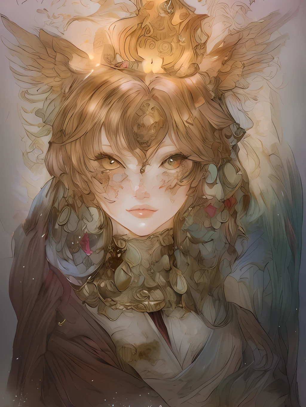 a painting of a woman with a bird on her head, detailed digital anime art, anime fantasy illustration, detailed matte fantasy portrait, goddess close-up portrait, goddess portrait, detailed portrait of anime girl, anime fantasy artwork, goddess. extremely high detail, beautiful anime catgirl, fantasy portrait, ((a beautiful fantasy empress)), korean art nouveau anime, detailed anime art