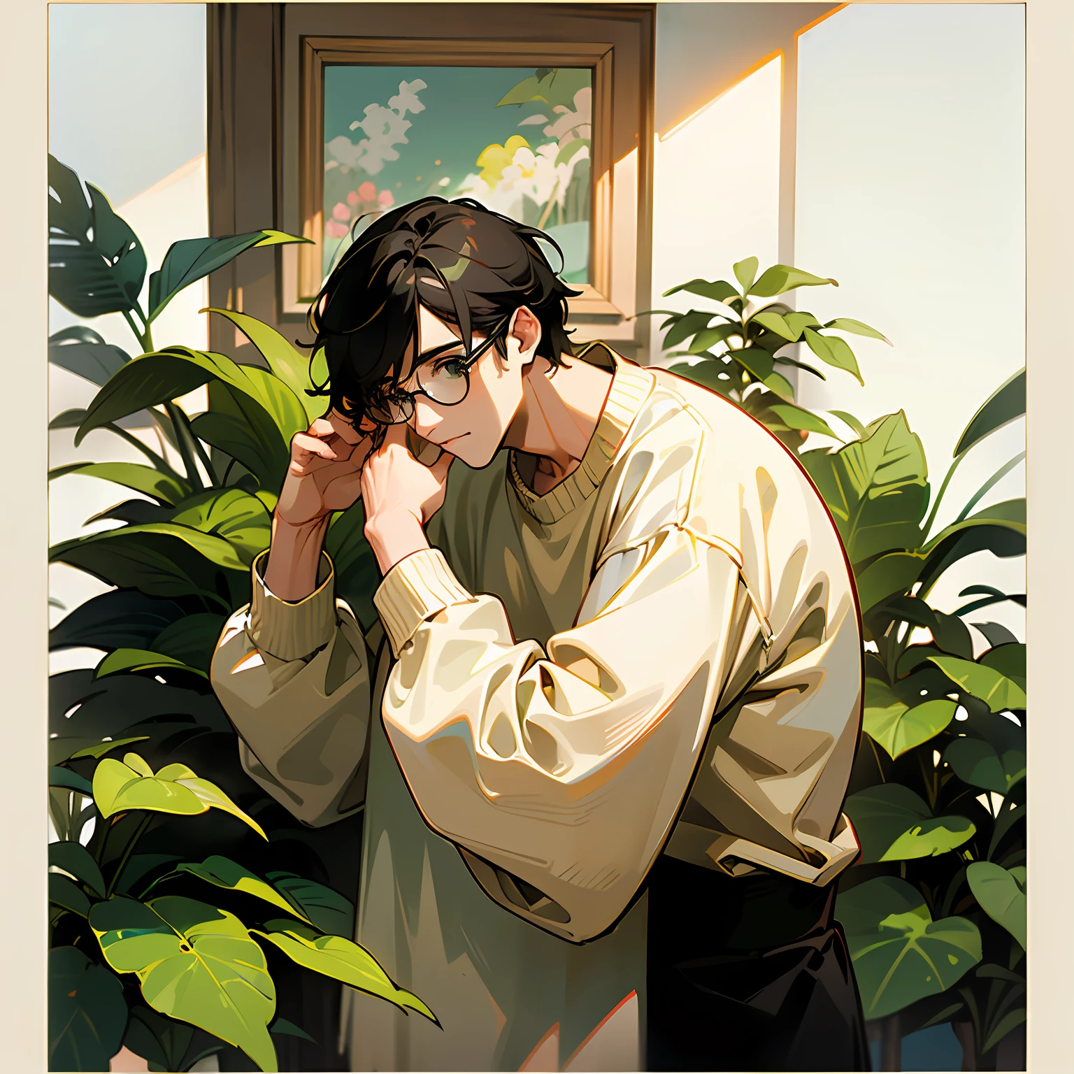 ((High quality)), ((Masterpiece)), A man wears a loose sweater,tear-mole,black-frame glasses,cafe shop,green plant,male people,gentleness