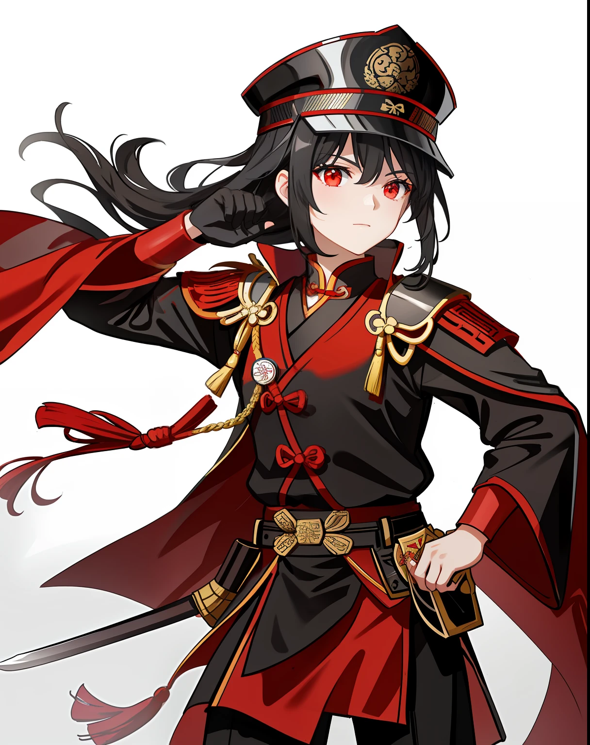 Ancient Chinese military general,Black armor,Red cape,schoolgirls,With a long knife in his hand,red color eyes,Tang Dynasty style,Ancient helmets