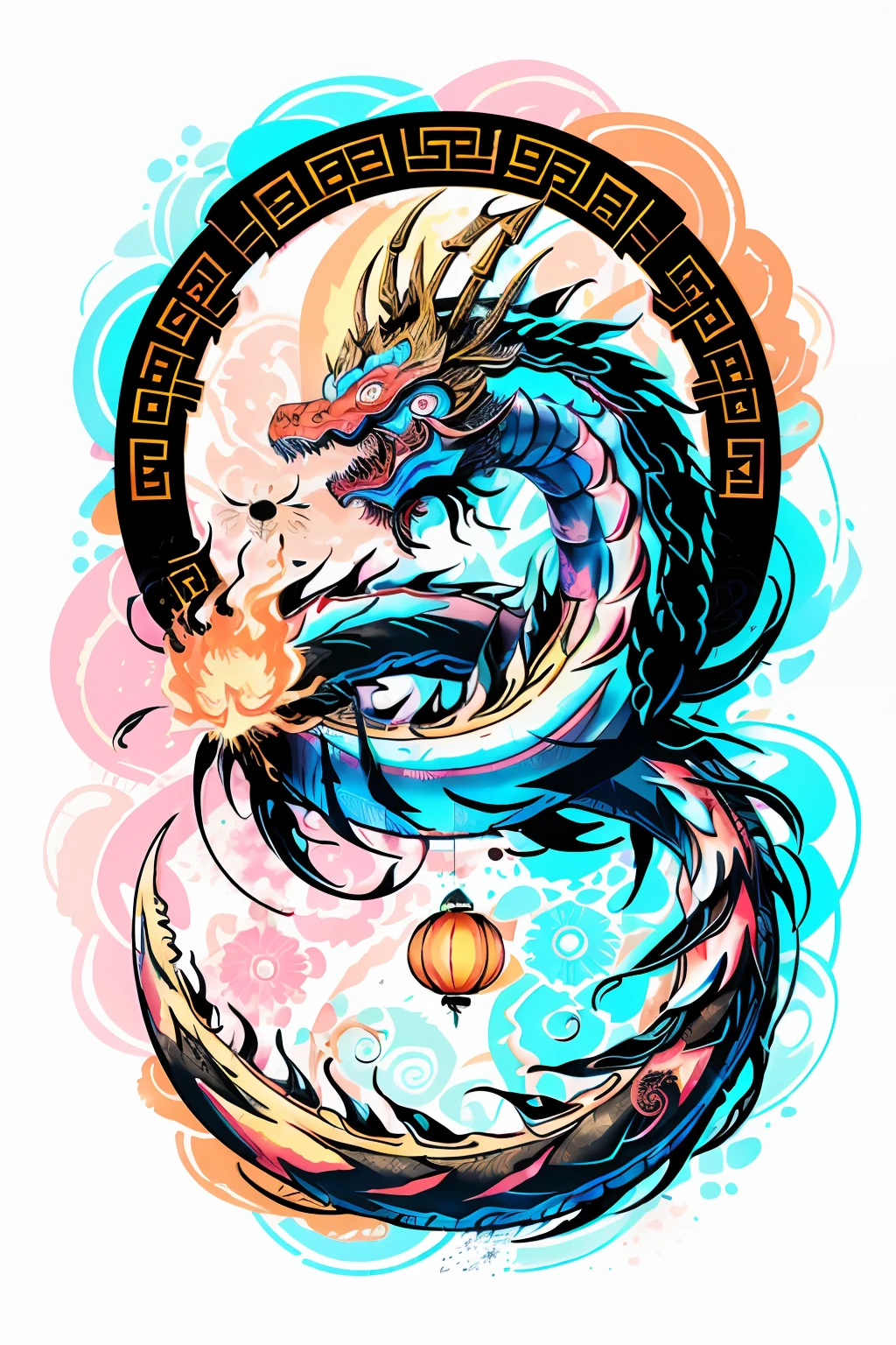 In the style of 0mib，Cute Chinese dragon，Prismatic fragments，Reflect fractal circles，Chinese pattern，ink spatter，Melted brushstrokes，Particle vortex，dramatic  lighting，high high quality，big breasts beautiful，tmasterpiece