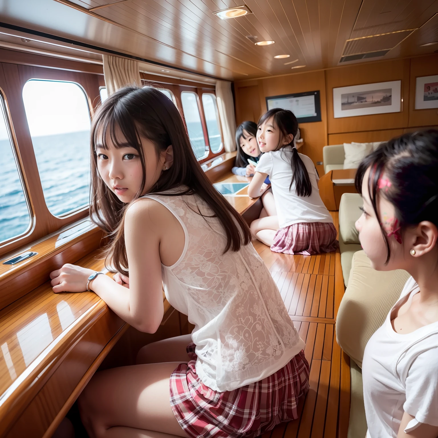 On a super-large cruise ship，Five delicate cute little girls with upturned asses，junior school student，比基尼，Run，Run，Sit on your knees
