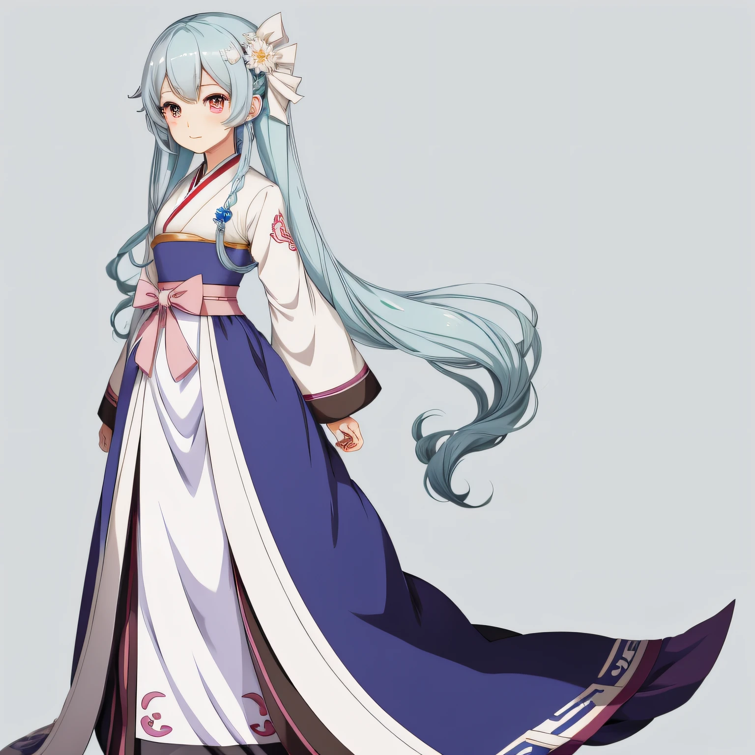 Anime character of a woman wearing Hanbok,Wear long, fluent clothes,pretty anime character design,anime visual of a cute girl,Kantai collection style,Anime moe art style,small curvaceous ,Chen Jiru,small lolil,Anime character design,Highly detailed character design,Guviz,high quality character design,high qulity。super detailing。Blue-white hair,Dango head,2D anime style,solo person