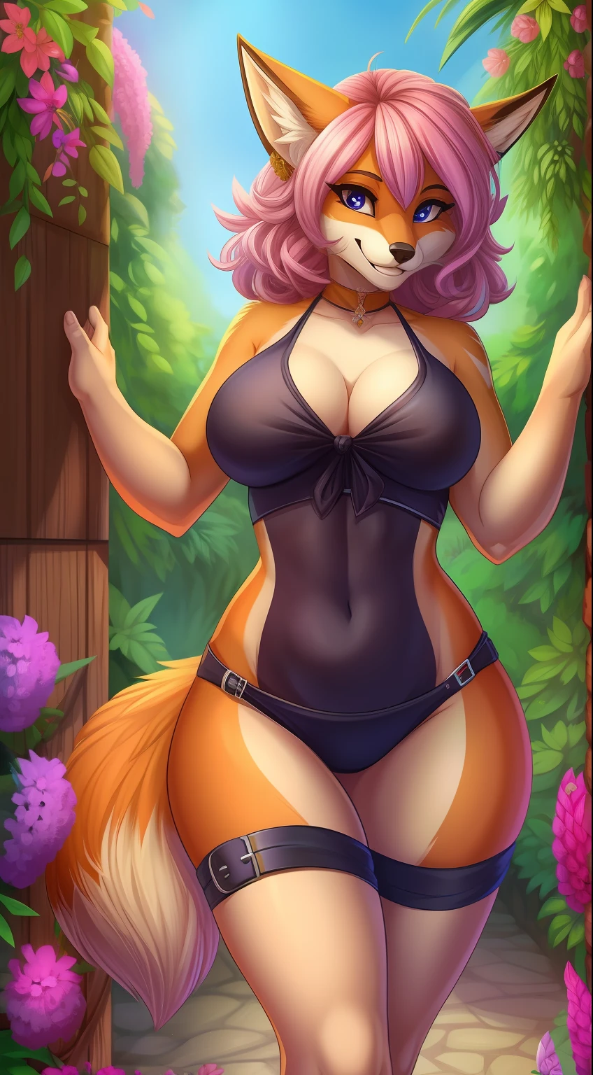 Antrho, fox, female, solo, pelo laranja, cabelo loiro longo, peitos medios, bunda media, coxas curvadas, usando roupa de noiva transparente, calcinha e sutia branca rendada, meias altas, segurando buque de flores, olhando sobre o ombro, sorriso envergonhado, fundo jardim florido, cauda deve ser mostrada