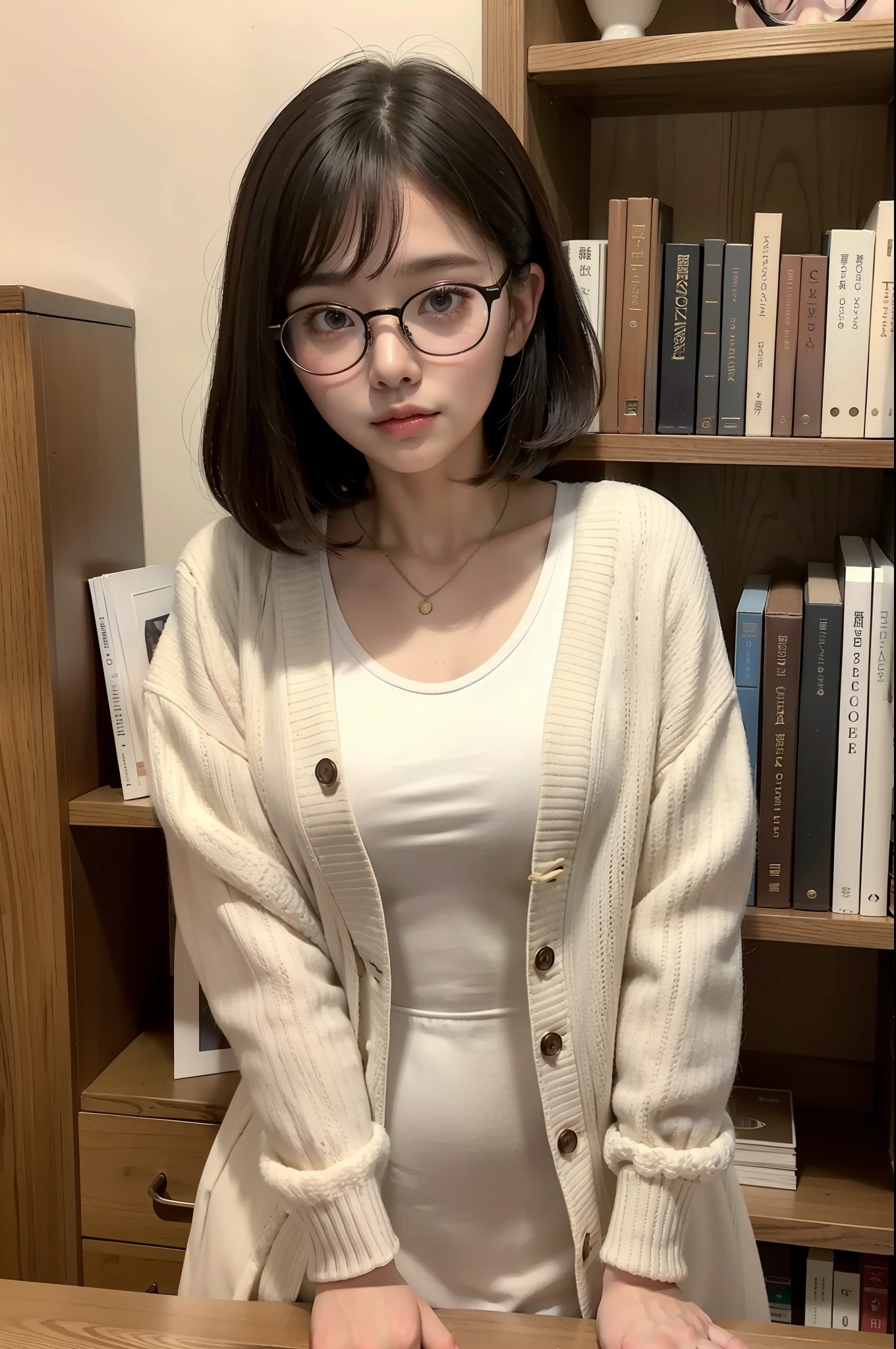 Photo Real、photoRealstic　Dark hair、Short hair、bangss　drooing eyes、with round face、The contours of the face are round、Plump cheeks、small mouth　eye glasses、Round glasses、Big glasses、Black-rimmed glasses、Beige cardigan、Beige skirt、White sheer clothing　School teacher、30-years old、japanes、tiny body、Young Face、Soft thighs　Faces close、Face Close-up、Close distance、Staring at this、Leaning against the bookshelf、Blushing　Background with、bookcase、Timber wall、wood floor、Dark place