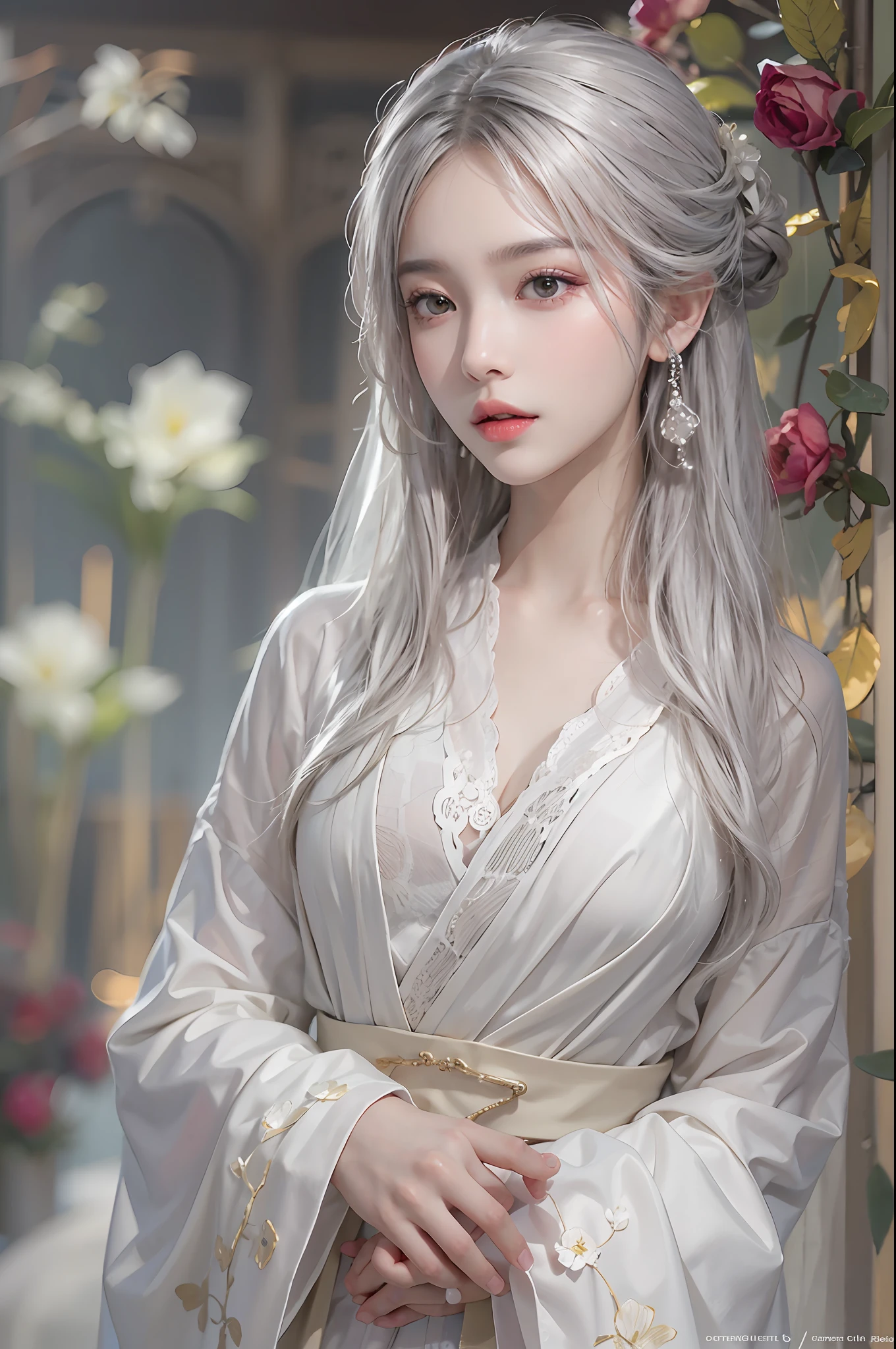 photorealistic, high resolution, soft lights, 1women, shiny skin, finely detailed skin, solo, hips up, look at viewer, (detailed face), white hair, long hair, wedding hanfu