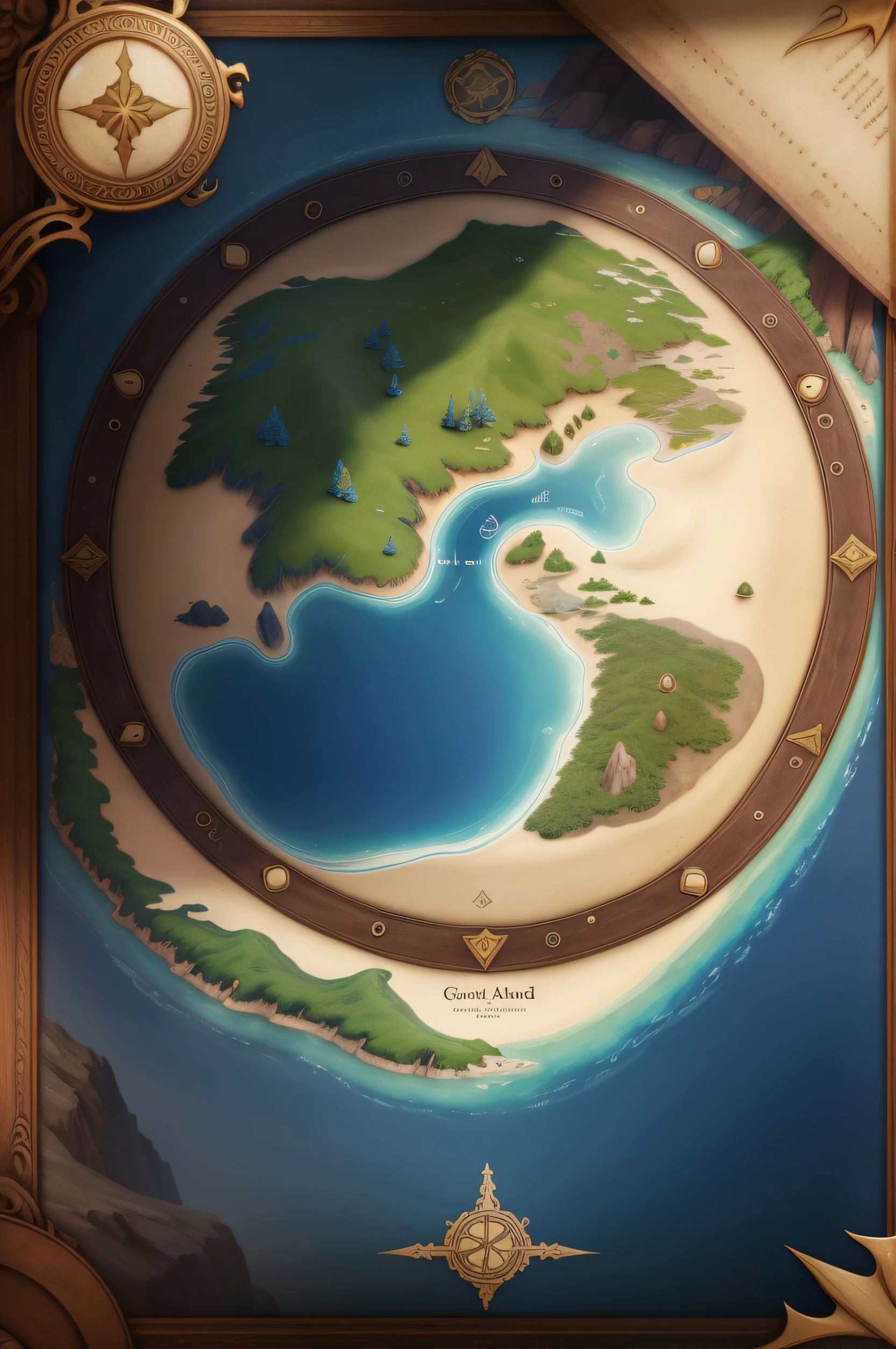 Close-up of fantasy world map with lots of land,There is only one continent in the whole world,There are many small islands around the mainland