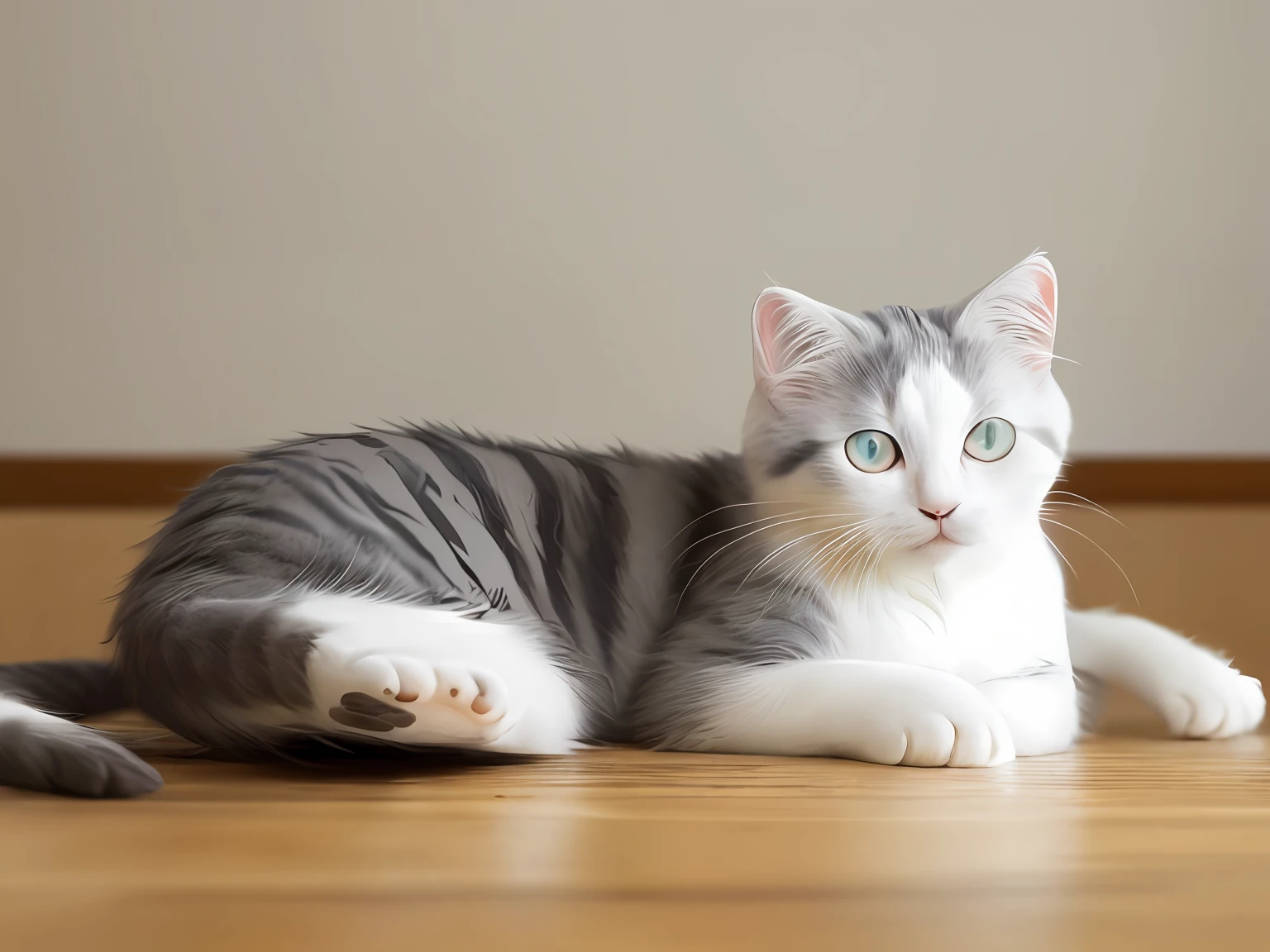 Fluffy lying white cat，