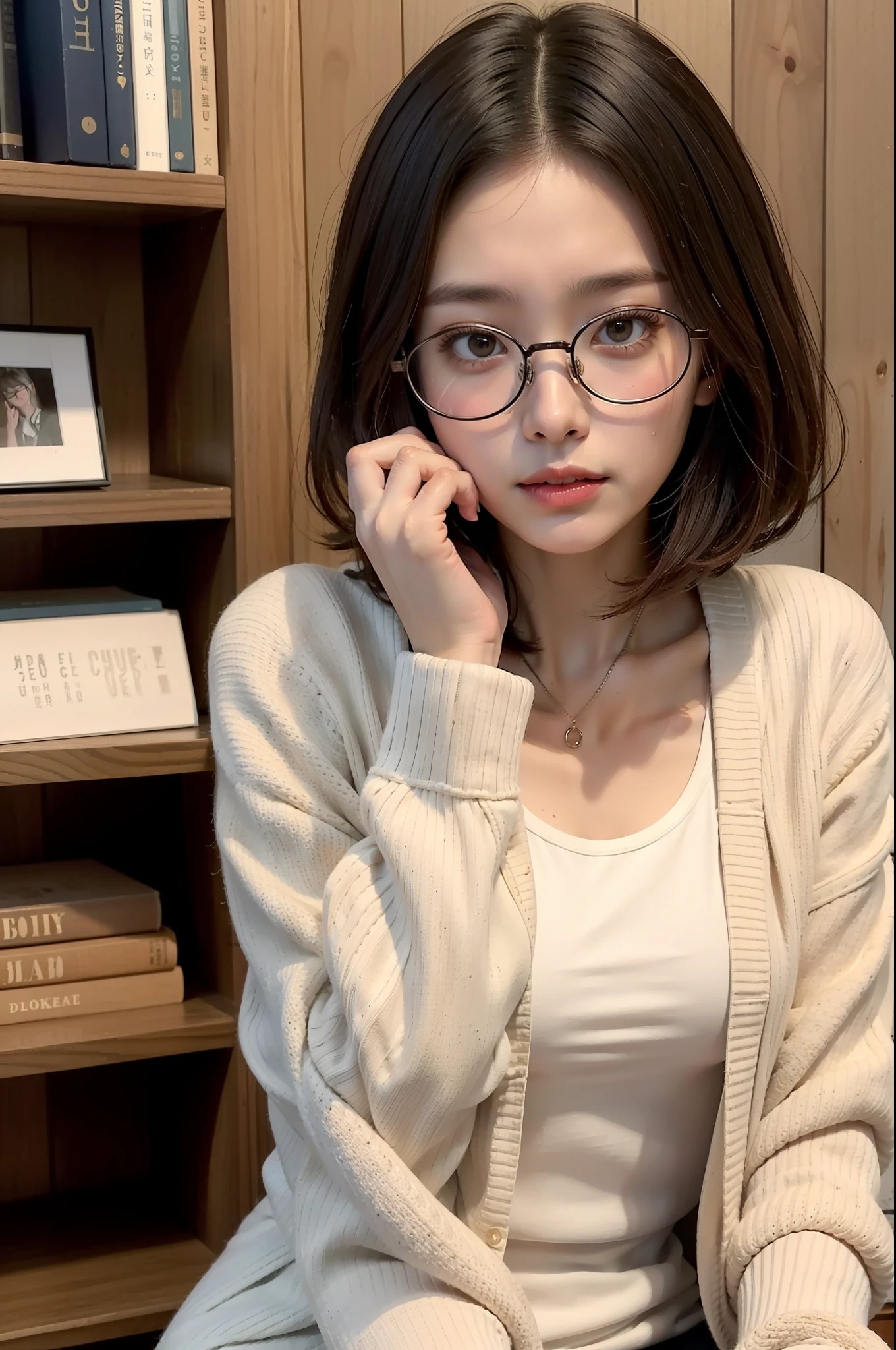 Photo Real、photoRealstic Dark hair、Short hair、bangss drooing eyes、with round face、The contours of the face are round、Plump cheeks、small mouth eye glasses、Round glasses、Big glasses、Black-rimmed glasses、Beige cardigan、Beige skirt、White sheer clothing School teacher、30-years old、japanes、tiny body、Young Face、Soft thighs Faces close、Face Close-up、Close distance、Staring at this、Leaning against the bookshelf、Blushing Background with、bookcase、Timber wall、wood floor、Dark place