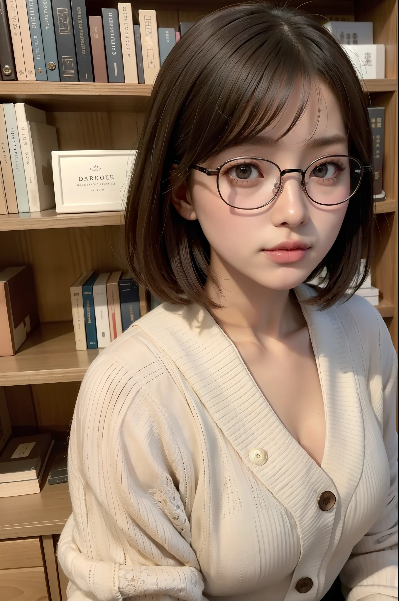 Photo Real、photoRealstic Dark hair、Short hair、bangss drooing eyes、with round face、The contours of the face are round、Plump cheeks、small mouth eye glasses、Round glasses、Big glasses、Black-rimmed glasses、Beige cardigan、Beige skirt、White sheer clothing School teacher、30-years old、japanes、tiny body、Young Face、Soft thighs Faces close、Face Close-up、Close distance、Staring at this、Leaning against the bookshelf、Blushing Background with、bookcase、Timber wall、wood floor、Dark place