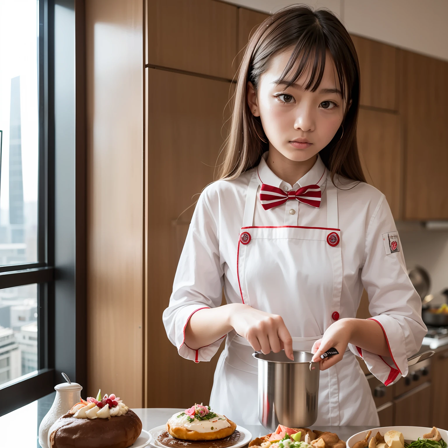 Located on the 180th floor of Shanghai Tower,Five delicate cute girls with upturned asses,juniorin an upscale open kitchen