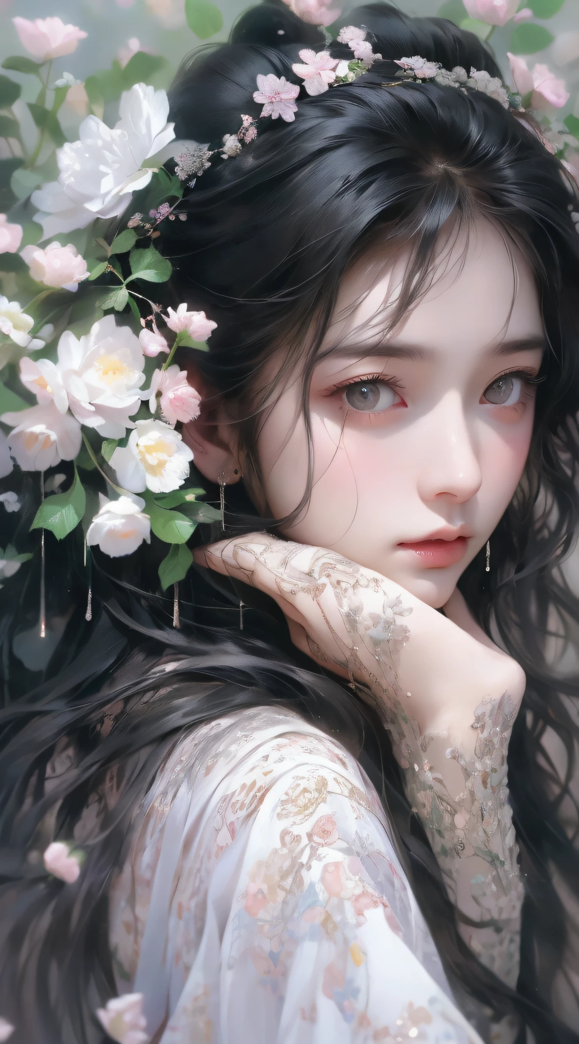 1 girl, upper body portrait close-up, black hair, flowing hair, hazy beauty, extremely beautiful facial features, purple embroidered dress, hairpin on head, lying in a flower bush, hands on the face, perfect anatomy, white flowers, (spring, rainy days, terraces, mountains), simple vector art, contemporary Chinese art, soft light, entangled scarf, looking down