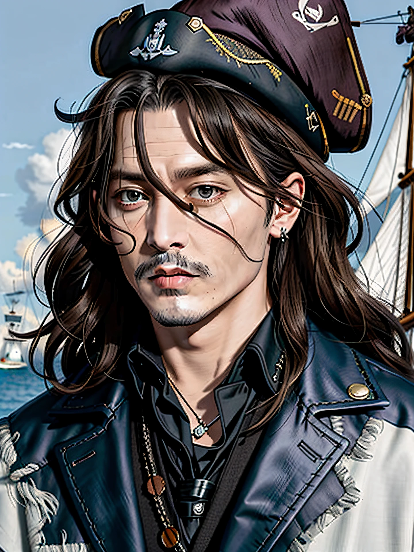 Draw a man with a mustache and tie, johnny depp portrait, portrait of johnny depp, inspired by Eddie Campbell, Johnny Depp, pirate ship in background,pirate,goods,Sail ships