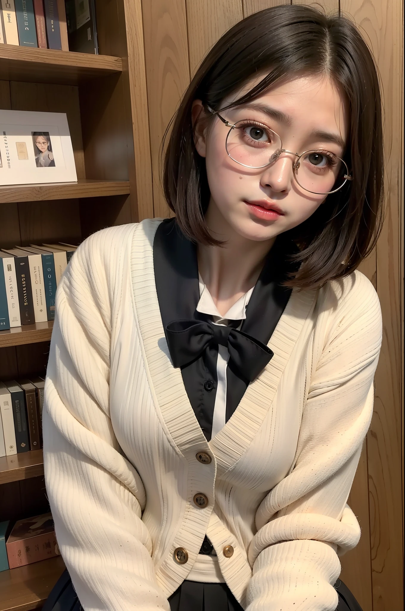Photo Real、photoRealstic Dark hair、Short hair、bangss drooing eyes、with round face、The contours of the face are round、a baby face、Plump cheeks、small mouth eye glasses、Round glasses、Big glasses、Black-rimmed glasses、校服、a sailor suit、Beige cardigan、Red skirt hi-school girl、sixteen years old、japanes、Soft thighs Faces close、Face Close-up、Close distance、Staring at this、Boldly touch the chest、Leaning against the bookshelf、Blushing Background with、bookcase、Timber wall、wood floor、Dark place