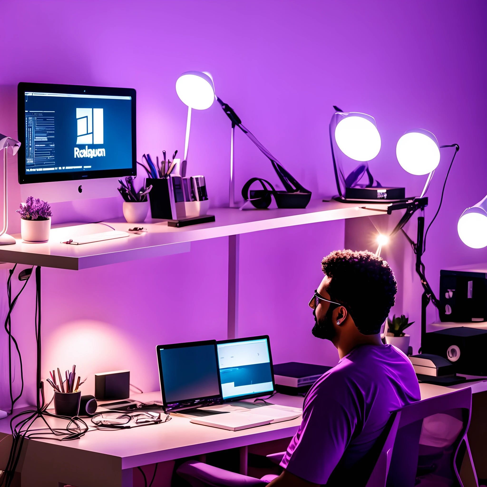 Uma pessoa sentada em um computador, trabalhando em um projeto. The room is illuminated by purple lights and the person is wearing purple clothes. The person is focused on work and seems to be having fun.