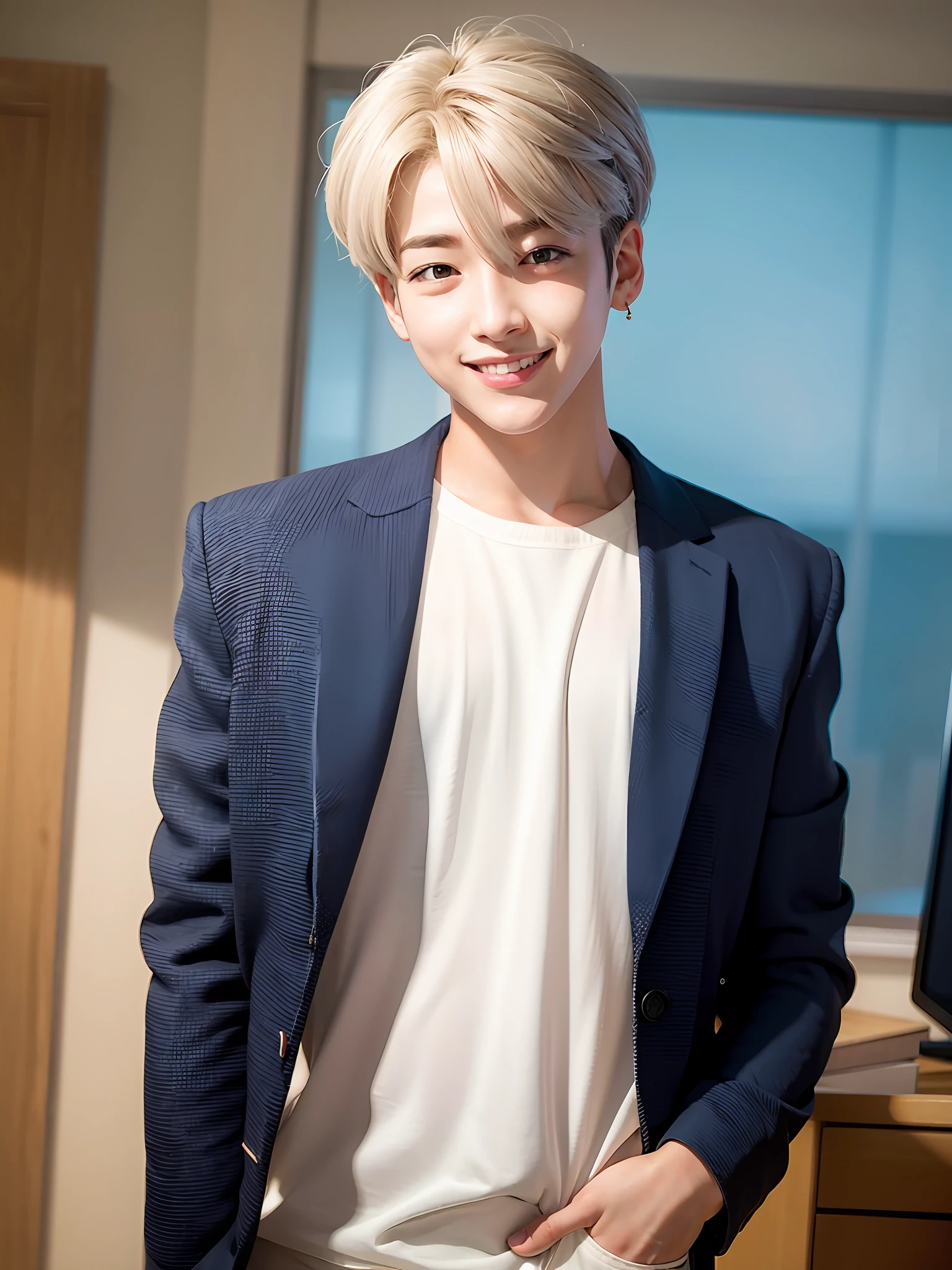 male child silber hair suits a smile light skinned