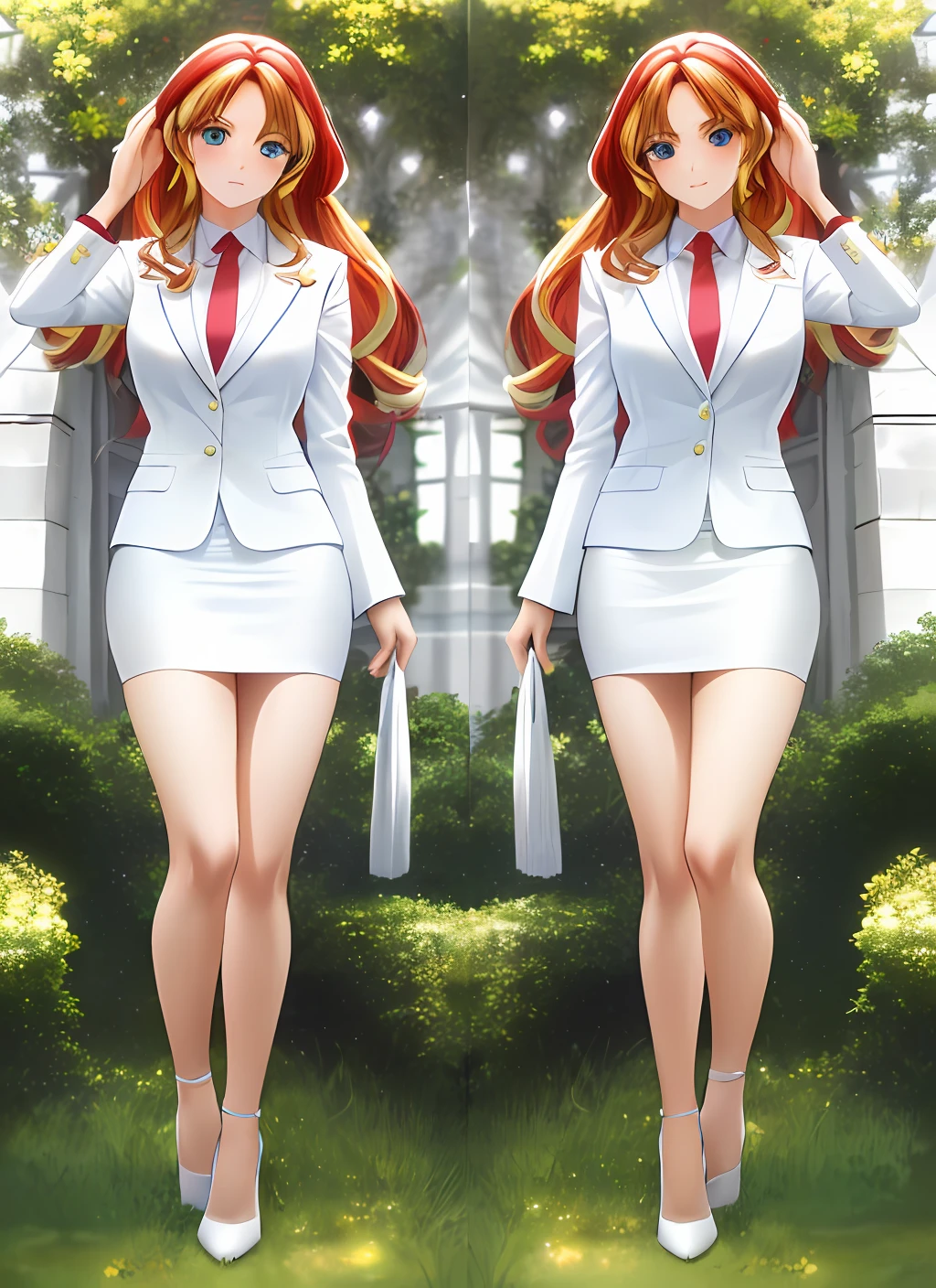 ((best quality)), ((highly detailed)), masterpiece, (detailed eyes, deep eyes), (2girls, duo, identical twins, clones, doppelganger), cowboy shot, SunsetHuman, (multicolored hair, (two-tone hair:1.1), red and blonde hair), BREAK, aqua eyes, ((office ladies, white skirt suit, white sleeves, white pencil skirt, white tight skirt, bare legs, high heels, same color skirt suits, full body)), highly detailed faces, highly detailed bodies