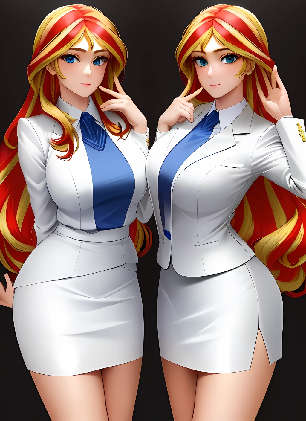 ((best quality)), ((highly detailed)), masterpiece, (detailed eyes, deep eyes), (2girls, duo, identical twins, clones, doppelganger), cowboy shot, SunsetHuman, (multicolored hair, (two-tone hair:1.1), red and blonde hair), BREAK, aqua eyes, ((office ladies, white skirt suit, white sleeves, white pencil skirt, white tight skirt, bare legs, high heels, same color skirt suits, full body)), highly detailed faces, highly detailed bodies