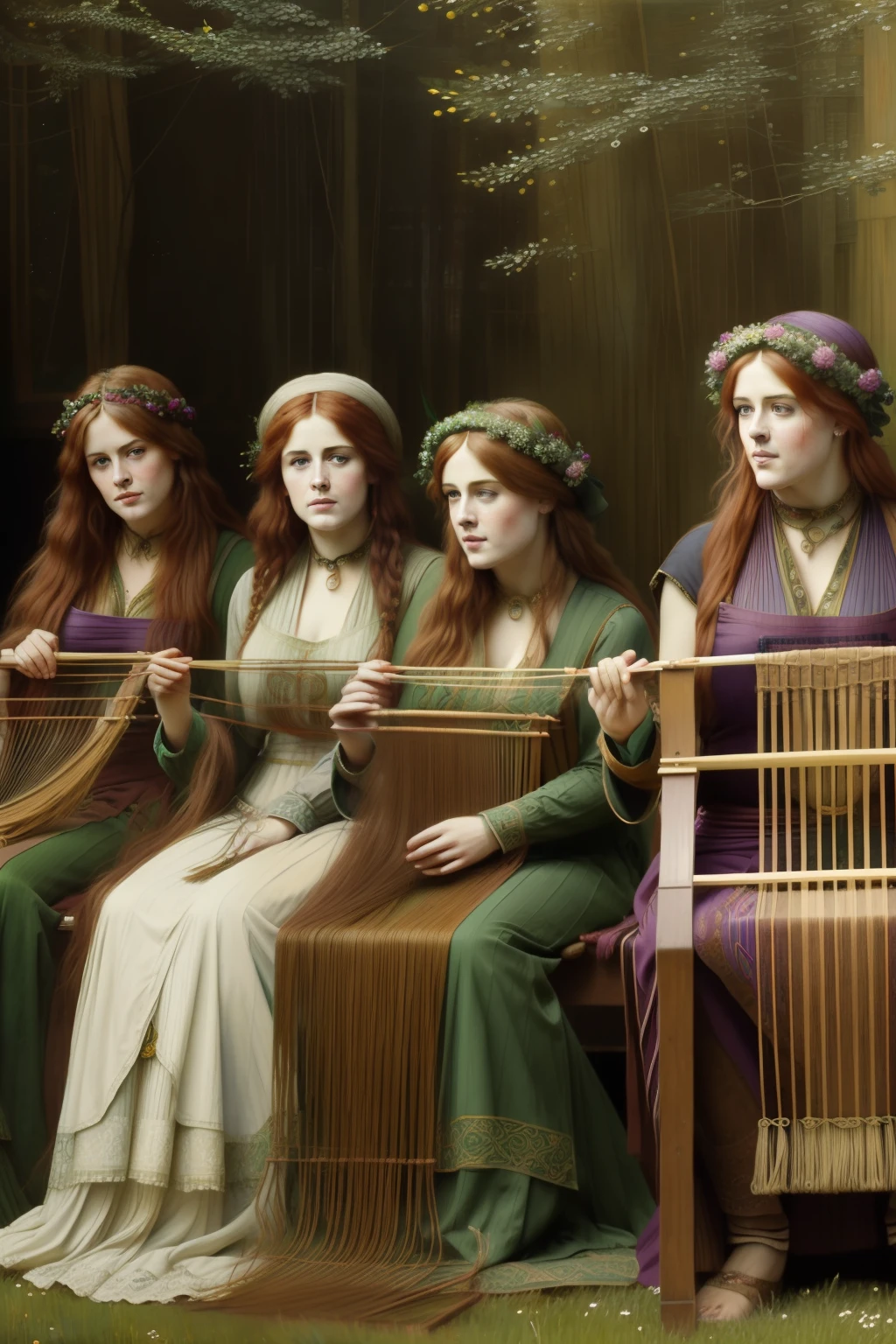 (((Pre-Raphaelite painting of Celtic women in a weaving competition)))