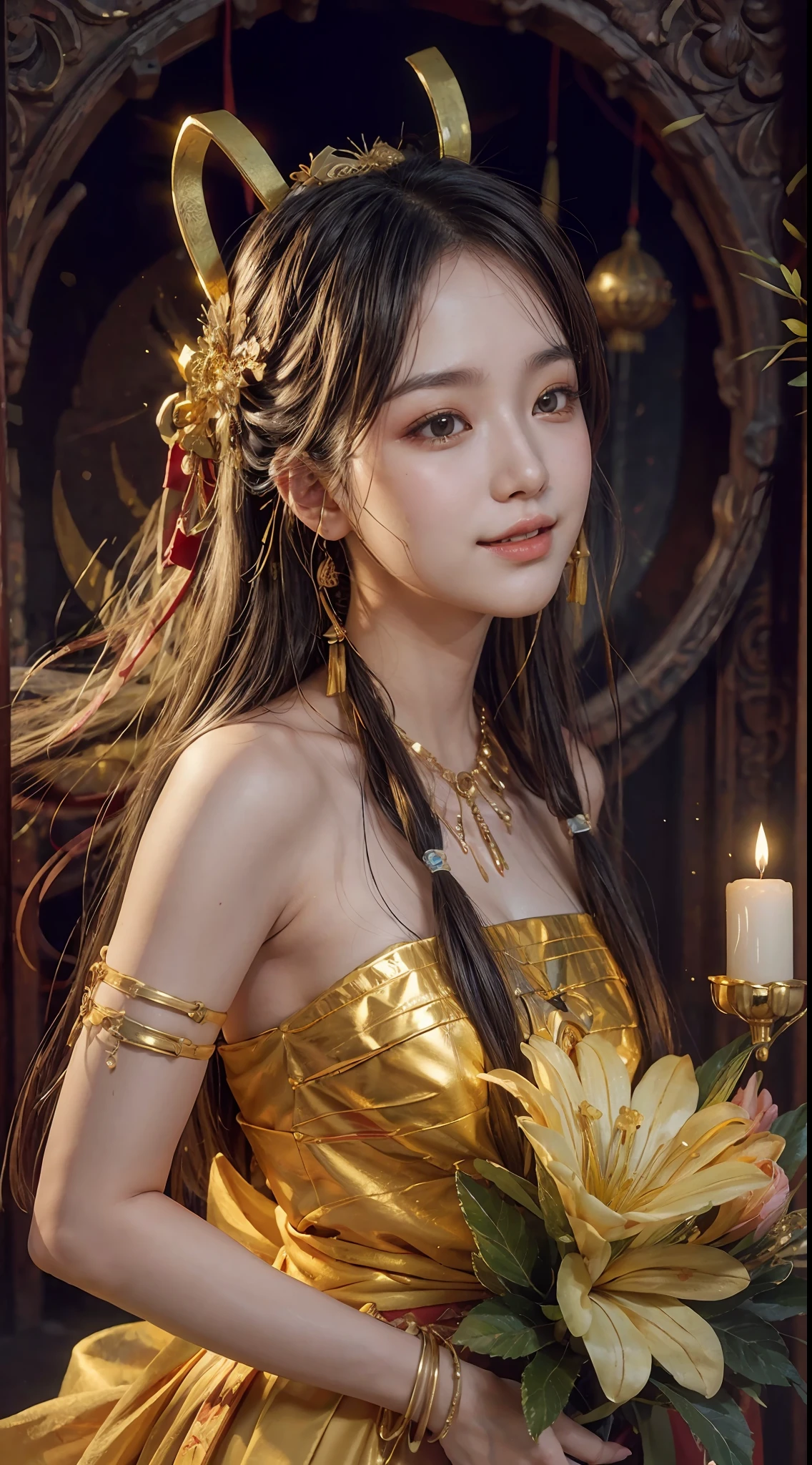 (RAW Photo, Best Quality), (Realistic, Photo Realistic: 1.3), Best Quality, Highly Detailed, Masterpiece, Ultra Detailed, Illustration, 1 Girl, upper_body, Dynamic Angle, World Mastery Theater, messy_long_hair, Best Quality, Extremely Detailed CG Unified 8k Wallpaper, Ink, Amazing, Cinematic Lighting, lens_flare, dunhuang_style, Beautiful Rendering of the Tang Dynasty, (Smile: 1.5), (Holy Light), In the Grotto, Floating, Sony Master Shot, Bustle, Gold Leaf, Flower, Looking at the Audience