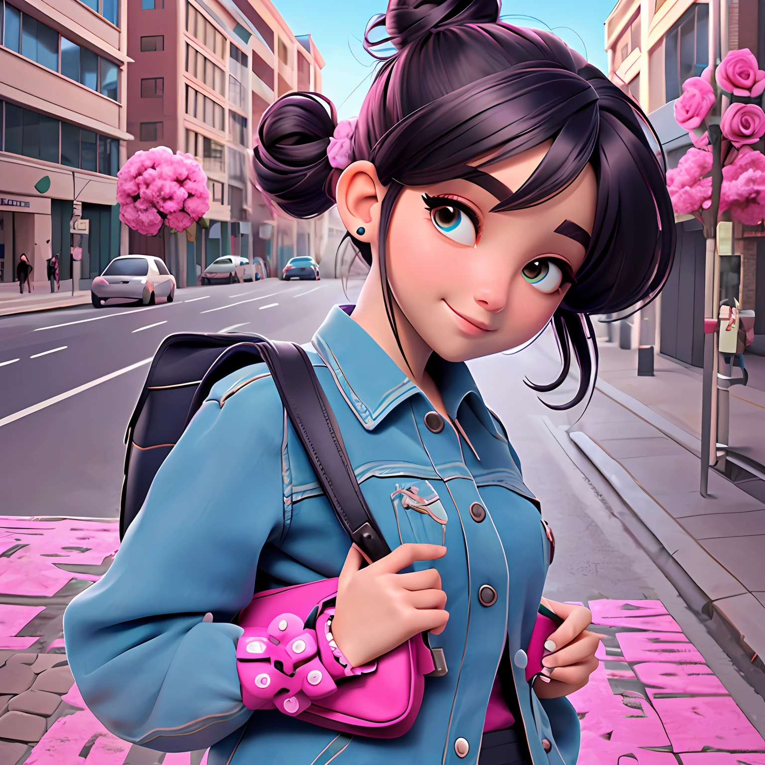 uma jovem, Your hair is stuck in a double bun, kalap, tom preto com mechas rosas, roupas leves, mochila, livros, corpo inteiro, The background is filled with a school theme, urbano.