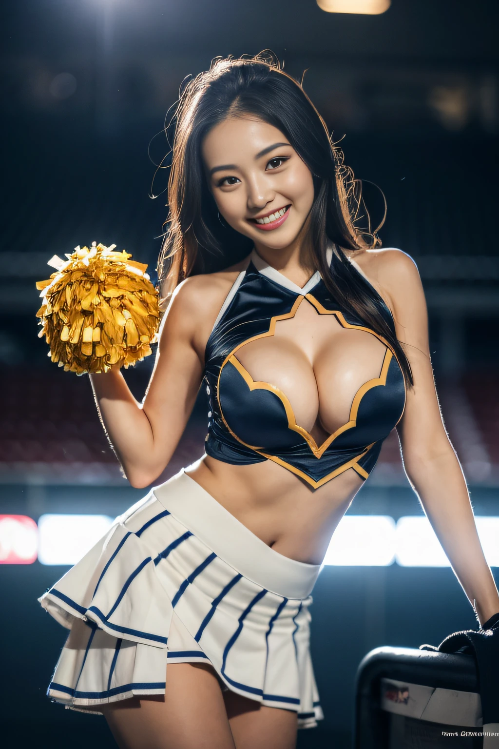 (((Sleeveless cheerleader Costume))),(((holding a pom-poms))),(((Skirt lift:1.5))),(((cleavage cutout))),(((standing split on one leg))),(((bare inner thigh))),(((bare sport panty))),ulzzang-6500-v1.1, (Raw photo:1.2), (Photo realistic:1.4), a beautiful detailed girl, extremely detailed eye and face, beautiful detailed eyes, ultra-detailed, High resolution, top-quality, masterpiece, highly detailed, 8k wallpaper, Wonderful, finely detail, top-quality, Light on the face,电影灯光,1girl in,(Taoyuan International Baseball Stadium in Taiwan),Beautiful eyes,smile,Opening Mouth