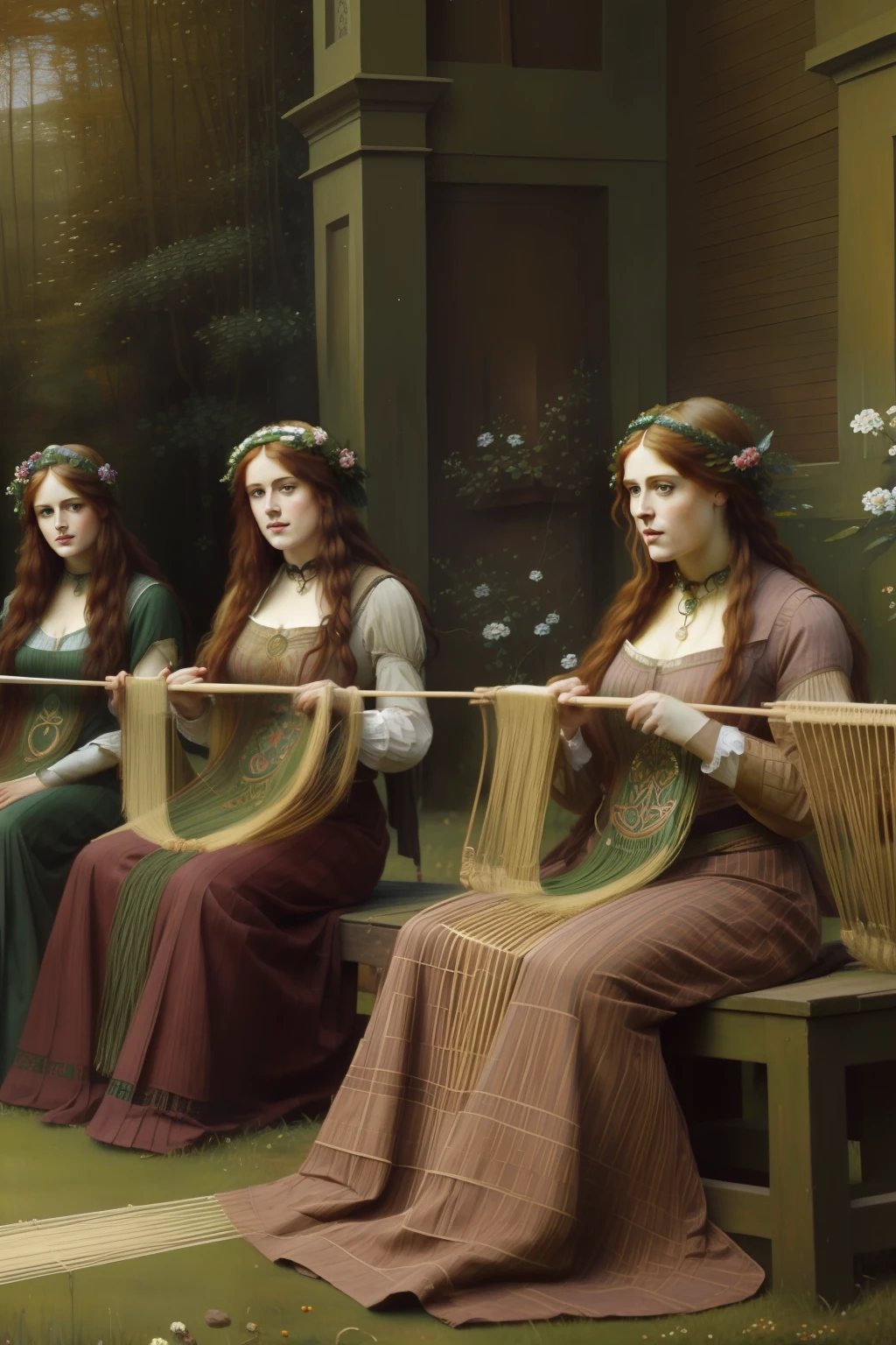 (((Pre-Raphaelite painting of Celtic women in a weaving competition)))