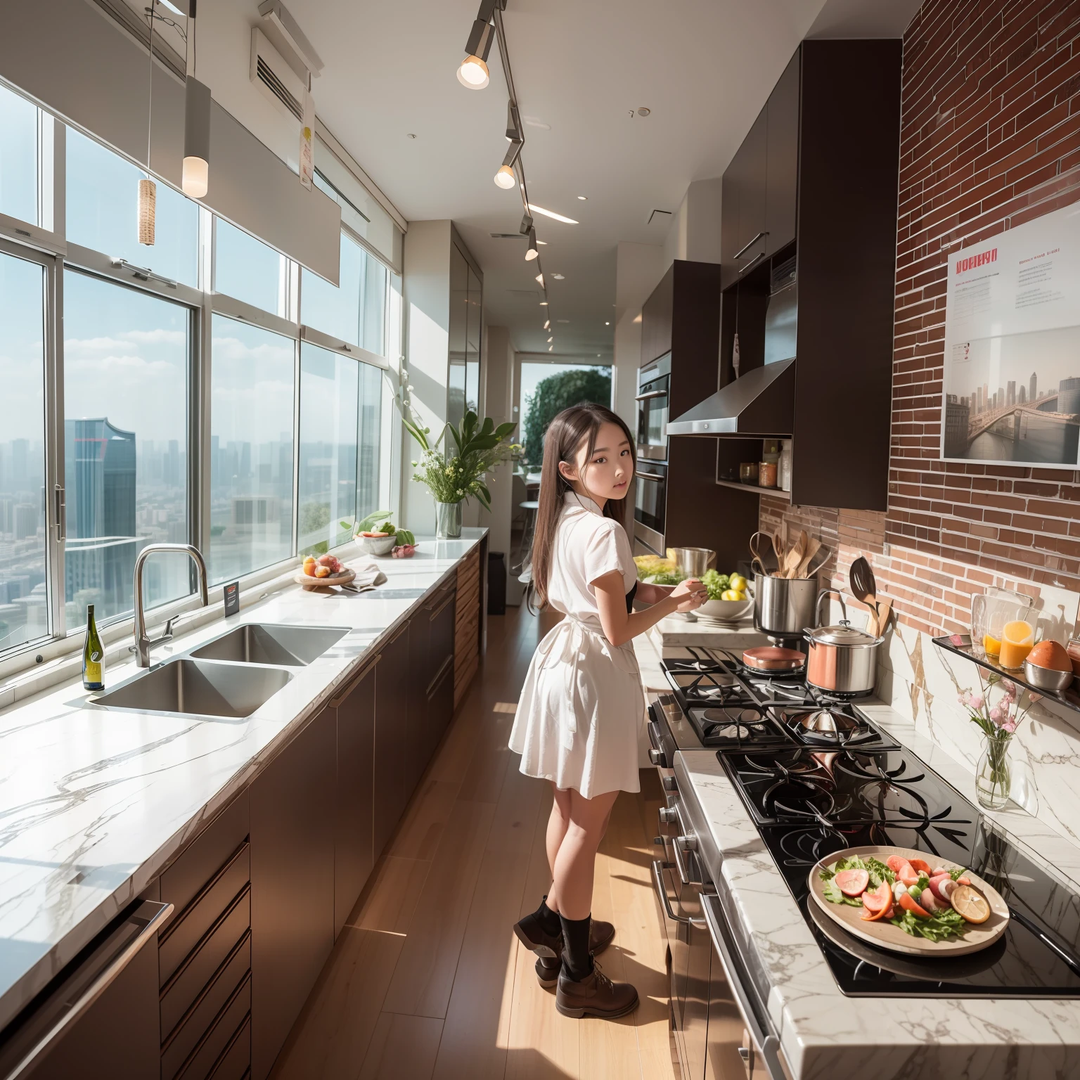 Located on the 180th floor of Shanghai Tower,Five delicate cute s with upturned asses,junior school student,Cook in an upscale open kitchen