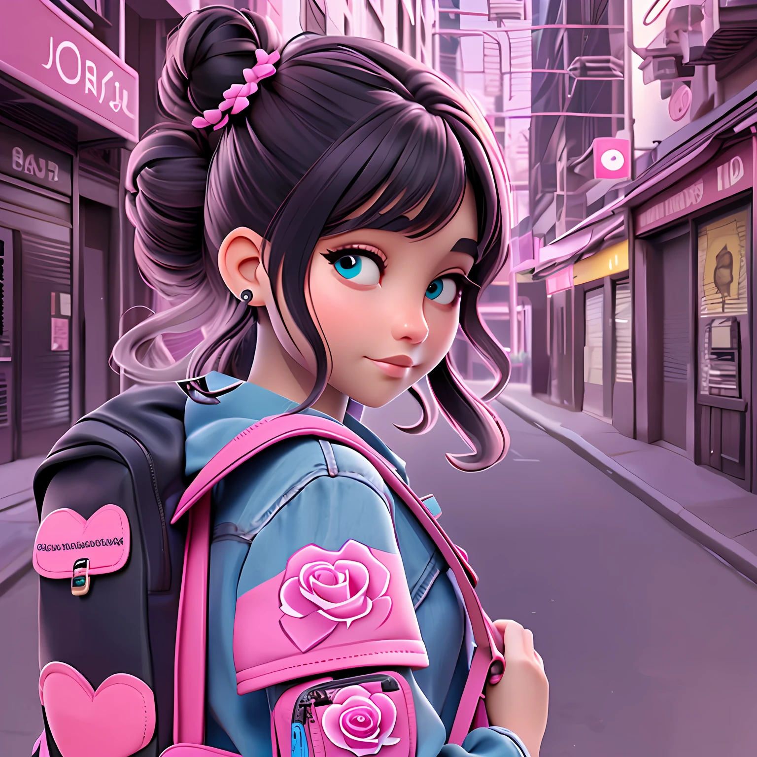 uma ****** jovem, Your hair is stuck in a double bun, kalap, tom preto com mechas rosas, roupas leves, mochila, livros, corpo inteiro, The background is filled with a school theme, urbano.