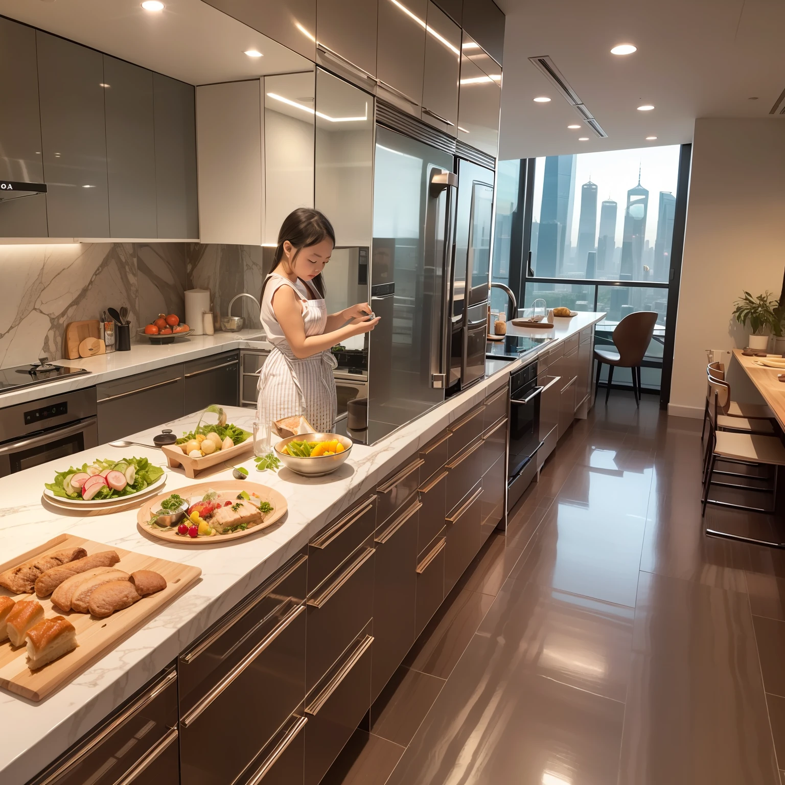 Located on the 180th floor of Shanghai Tower，Five delicate cute little girls with upturned asses，junior school student，Cook in an upscale open kitchen