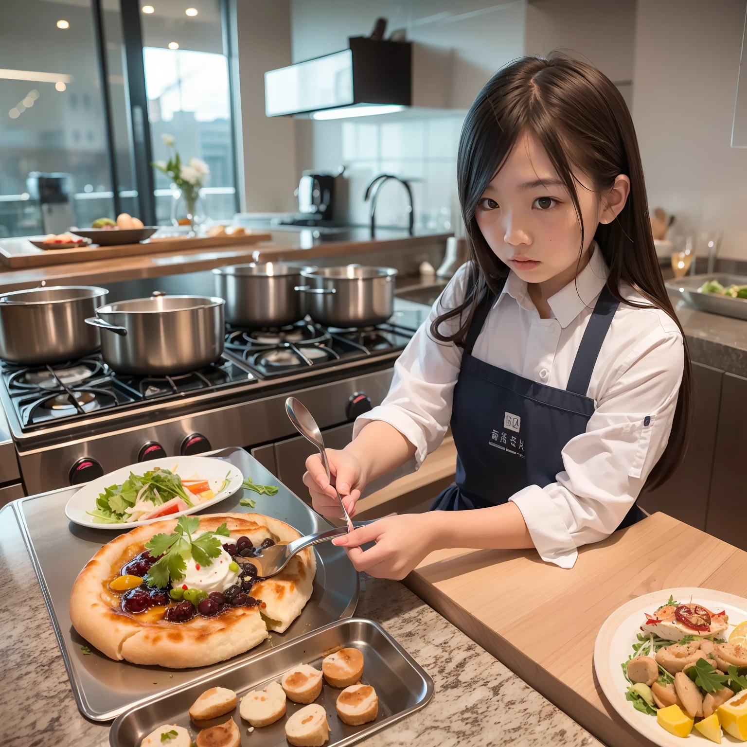 Located on the 180th floor of Shanghai Tower,Five delicate cute s with upturned asses,junior school student,Cook in an upscale open kitchen