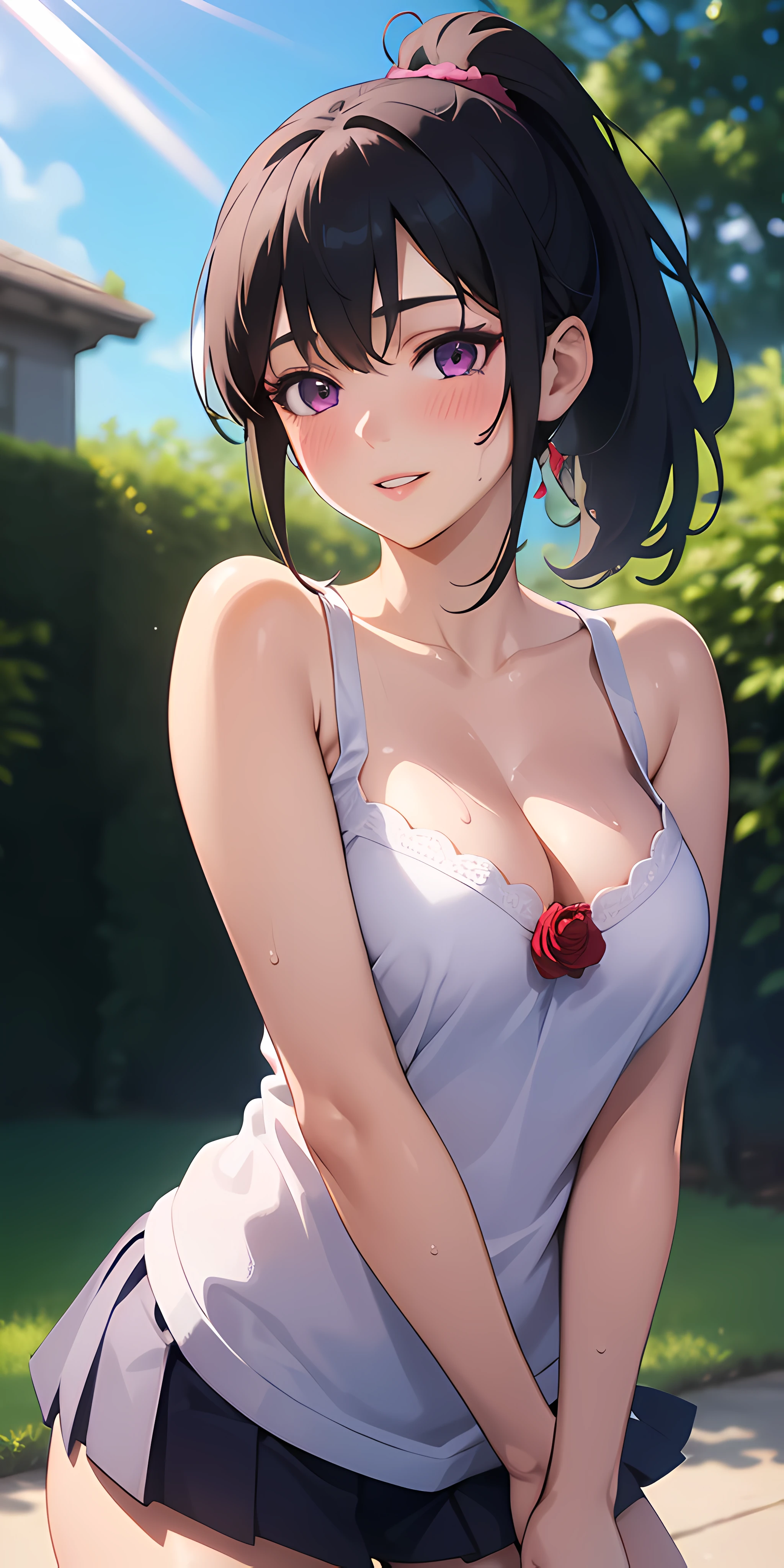 realistic, 1girl, ponytail, parted lips, blush, makeup, light smile, black hair, school uniform, glow, thighs, purple eye, bare shoulders, collarbone, narrow waist, sunbeam, sunlight, rose, wind, cleavage, (masterpiece), sweat,