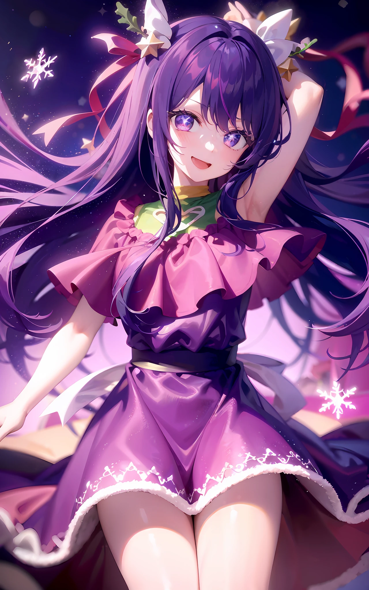 1girll，（（There is a five-pointed star in the eye））Gorgeous Hair in Long Purple，Smile，Open mouth，Christmas dress，natta，themoon，snowfield