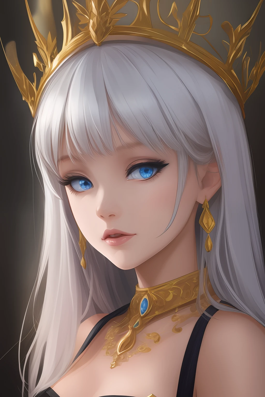 female, blue eyes, princess, white hair, gold crown, black dress, wlop --auto --s2