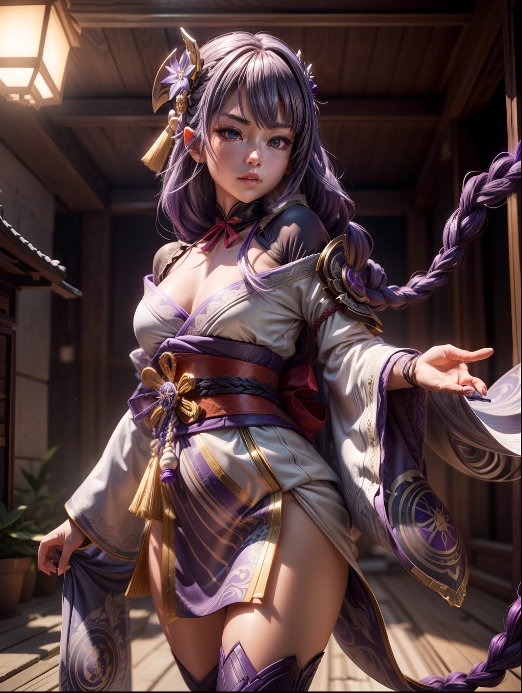 (Blind box toy style:1.2), (Full body shot) , 1 masterpiece, anatomy correct,Best quality,,Raiden Shogun (Genshin Impact), long whitr hair,Purple braid, 1 girl solo, Slim little kimono,Purple stockings,The clothes slipped off the shoulders, dreamy glow, Clean, Clean background ( Global illumination, Ray traching, hdr, unreal render,reasonable design, high detal, Masterpiece, Best quality, hyper HD, Cinematic lighting)