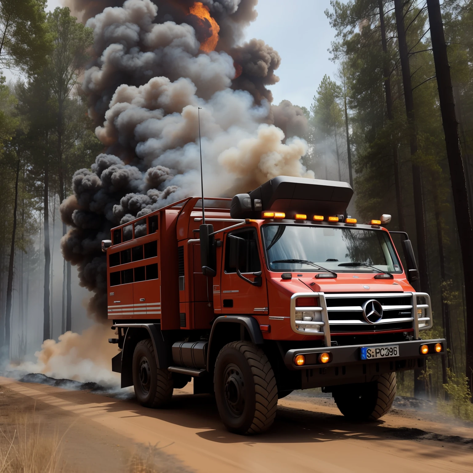 Unimog fire truck, Mercedes symbol, forest fire, noite