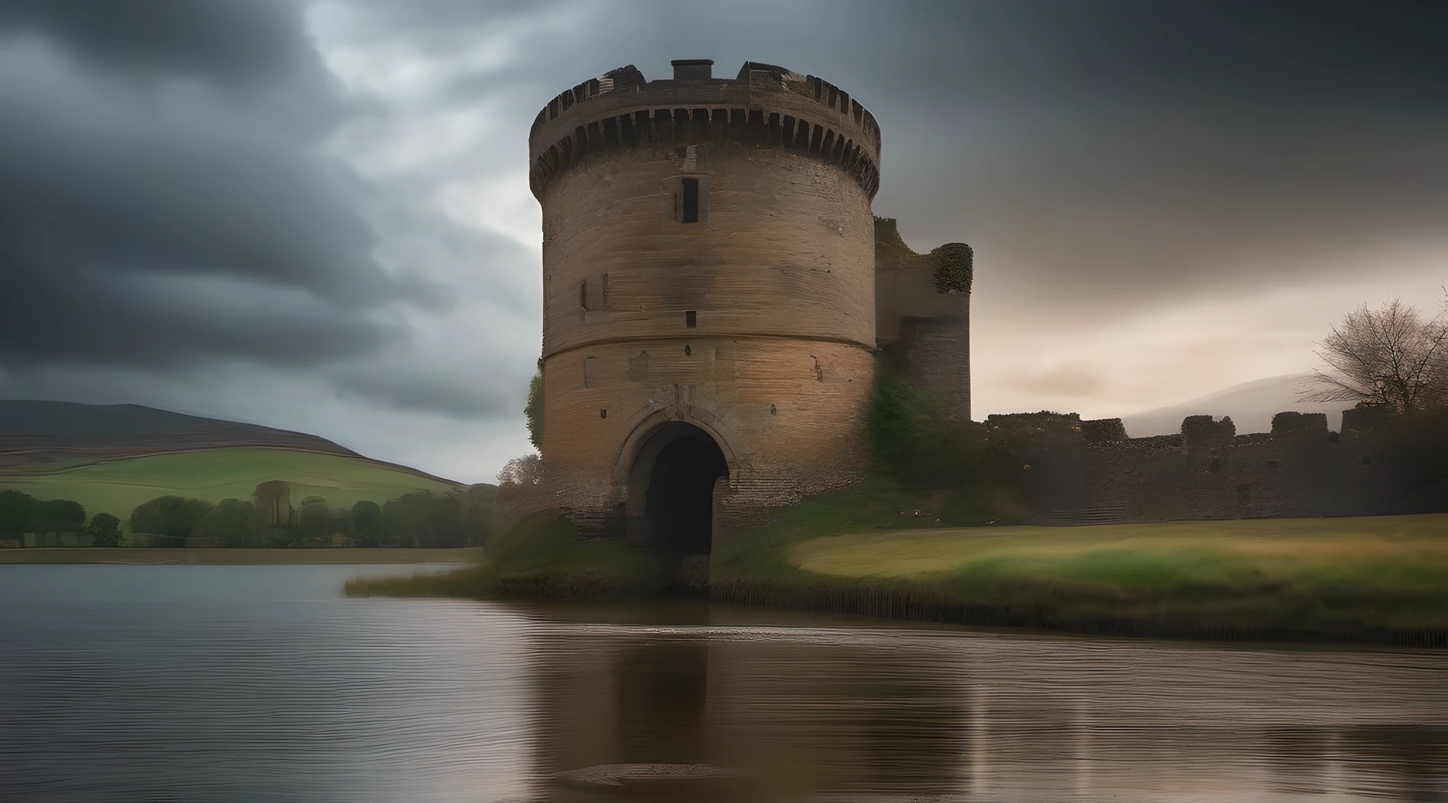 Demolished castle of Romanesque architecture located in the middle of a Scottish lake that is reached by a long bridge. Stormy day, totalmente nublado. High-quality realistic photography. Low-shutter speed photography. bajo punto de vista. 8k, UHD.