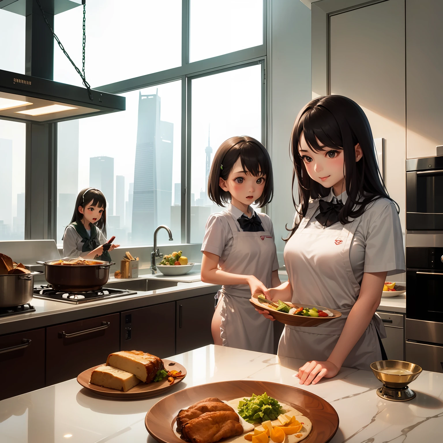 Located on the 180th floor of Shanghai Tower，Five delicate cute  girls with upturned asses，juniorin an upscale open kitchen