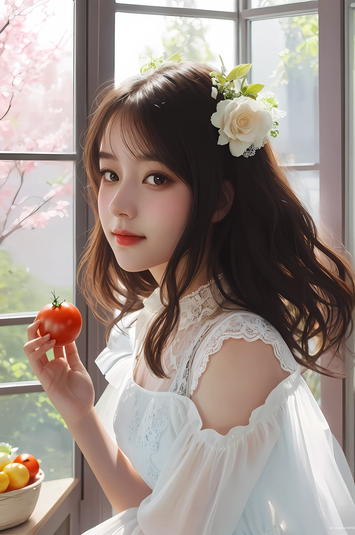 There was a woman holding a tomato in her hand。。。, Realistic cute girl painting, The girl smiled,Wear a white lace dress,Lace vest,Global illumination,Light hits you,The light is gentle,Hair reflex,The background is severely blurred,Background caustics,Beautiful digital artwork, Very beautiful girl, Beautiful girl model, beautiful portrait image, Beautiful young girl, A beautiful young woman, Attractive girl, cute beautiful, beautiful digital art, beautiful fantasy art portrait, very beautiful portrait, high quality portrait, digital art picture, gorgeous digital art, Gorgeous digital painting