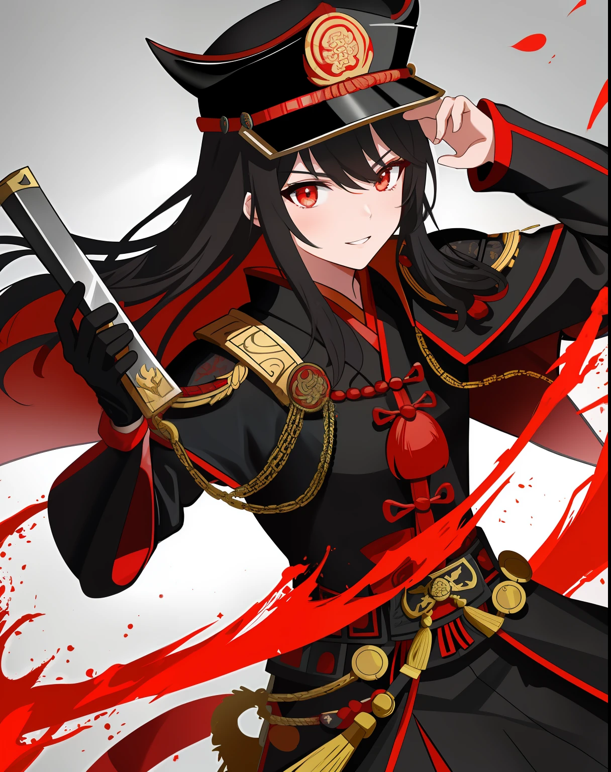 Ancient Chinese military general，Black armor，Red cape，schoolgirls，With a long knife in his hand，red color eyes，Tang dynasty style，Ancient helmets