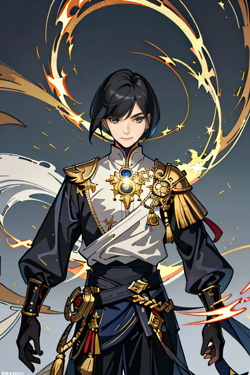 (Masterpiece, Best quality;1.3),realisticlying，Artistic level， Extremely detailed ,Ultra detailed,  1boys,Solo,  view the viewer, Smile,
 Black hair, Bob cut, White skin,Create Kim Zhi, Electric arcs and sparks, gold aura, blue lightning,
 gold background, gold city, the roof,