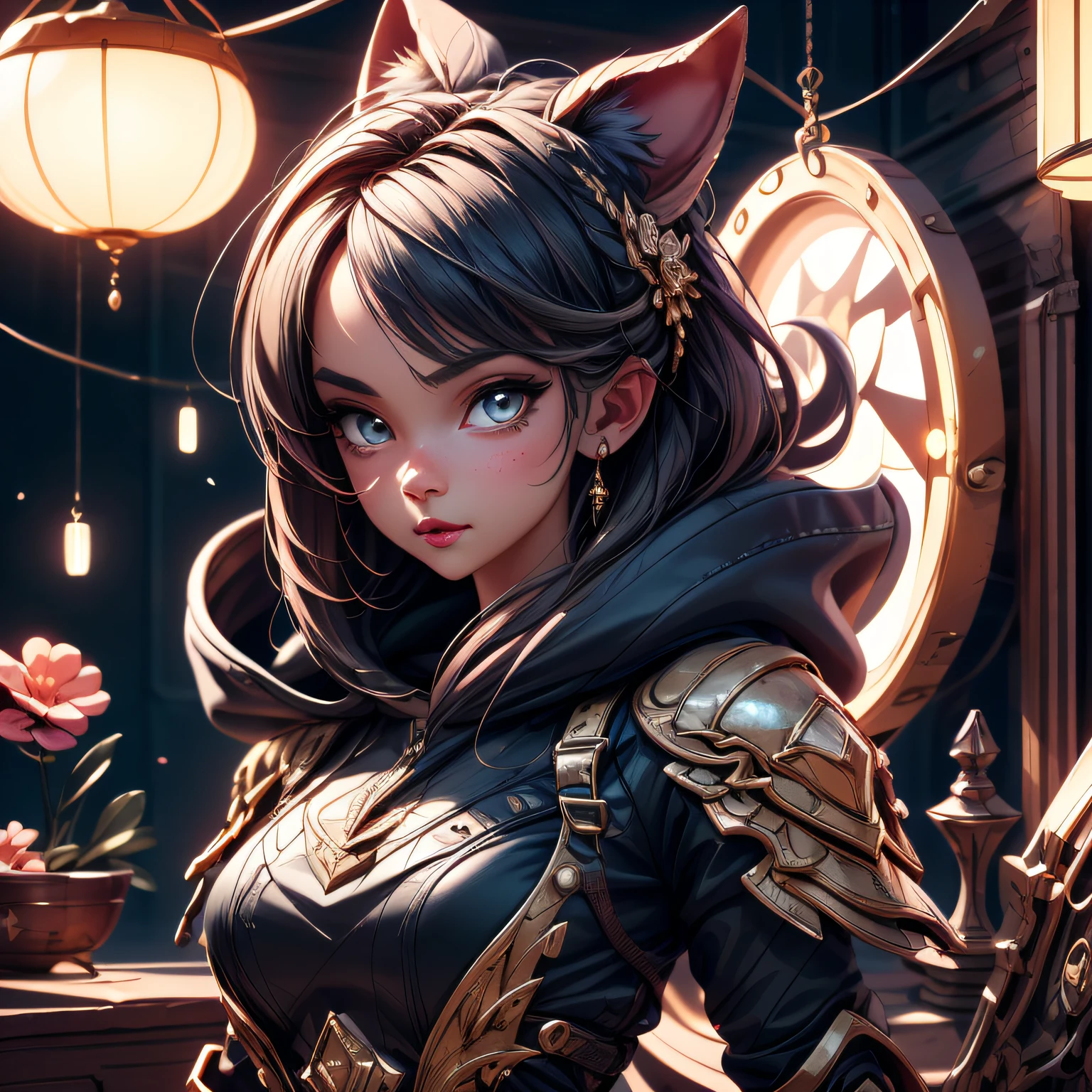 anime 1girl in her room, best quality digital illustration by wlop and artgerm, gorgeous lighting, detailed anime art, high quality, sharp focus, beautiful scene, detailed fur, detailed fur face with a black hoodie, detailed armor, portrait, detailed clothes, detailed background, artstation, realistic, expressive face, detailed hands, detailed eyes, artstation, insanely detailed, wallpaper, 8k, masterpiece