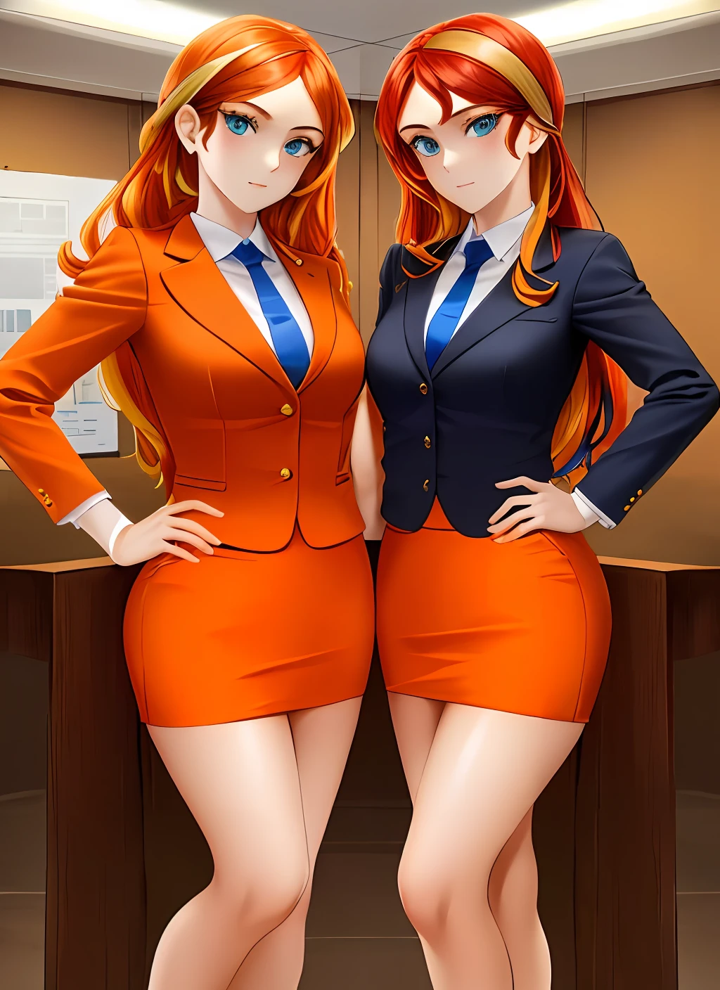 ((best quality)), ((highly detailed)), masterpiece, (detailed eyes, deep eyes), (2girls, duo, identical twins, clones, doppelganger), cowboy shot, SunsetHuman, (multicolored hair, (two-tone hair:1.1), red and blonde hair), BREAK, aqua eyes, ((office ladies, orange skirt suit, orange sleeves, orange pencil skirt, orange tight skirt, bare legs, high heels, same color skirt suits)), highly detailed faces, highly detailed bodies