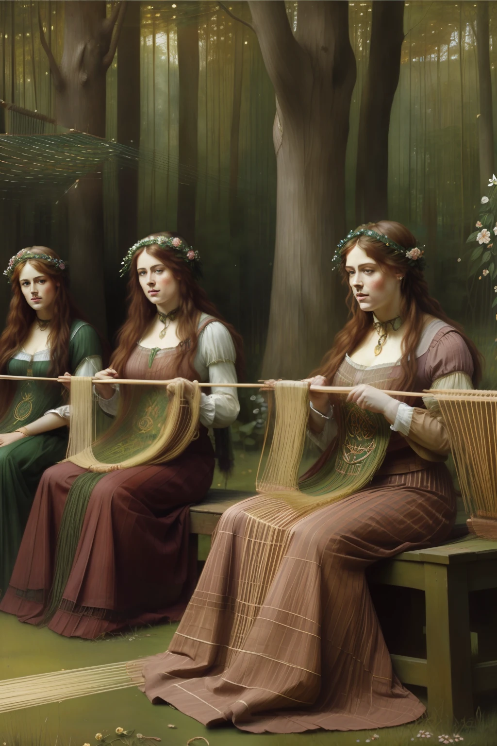 floresta encantada. (((Pre-Raphaelite painting of Celtic women in a weaving competition)))