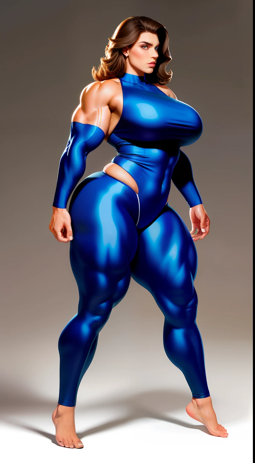 tmasterpiece,finely detailled,Burly woman,Exaggerated large muscles,skinny pants,The barefoot, Full body like,standing on your feet,You can see the feet from the head, Beautiful and charming European female face, Single female,Very fair skin,Very broad shoulders, Strong and powerful arms,Stout arms,Strong and powerful leg muscles,thick leg,Very thick calves,long leges,looking to the camera