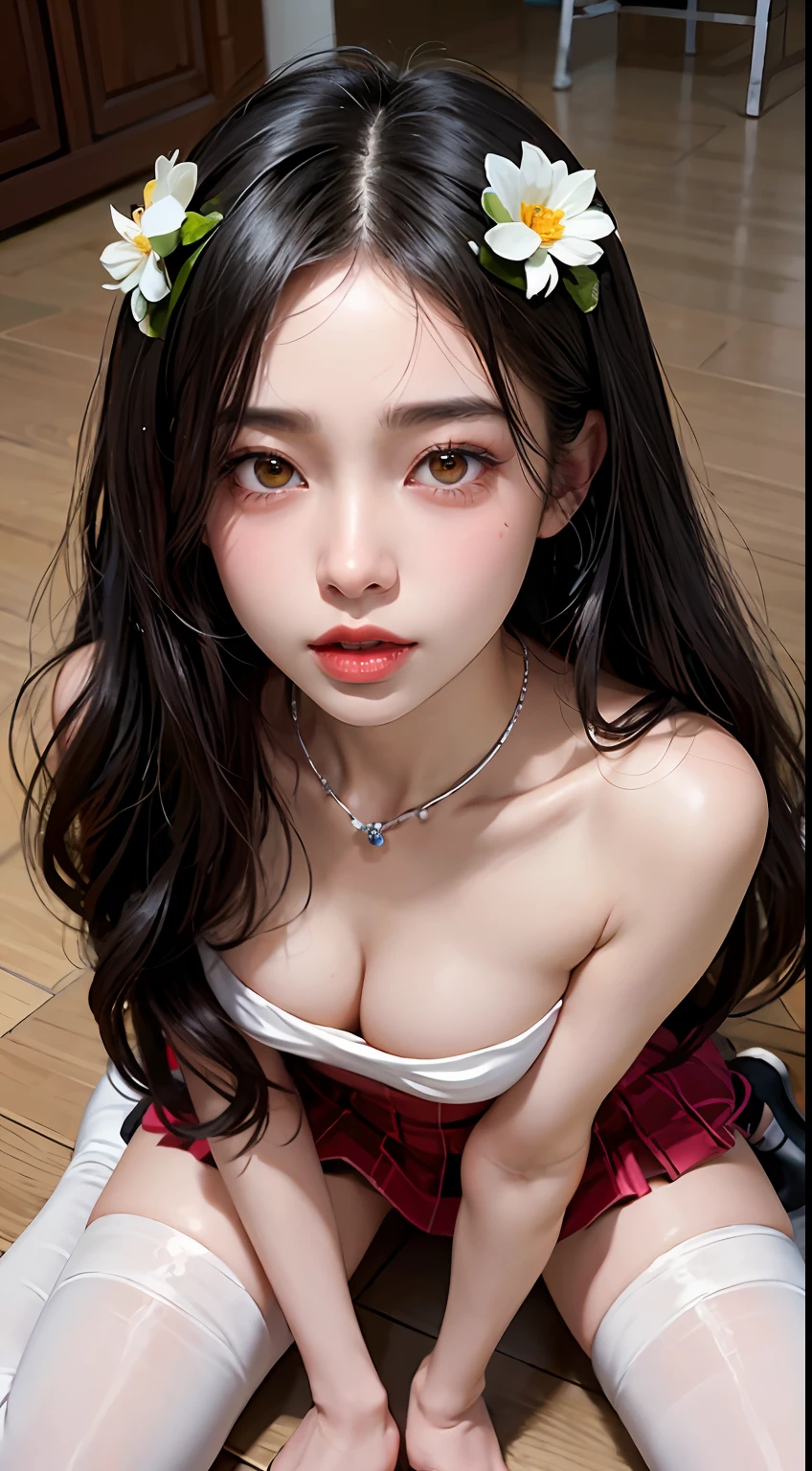 Black hair, (long hair), black eyes, (glowing eyes), (white thighhighs:1.2), orgasmic face, seduction, eroticism, seductive expression, black face, charming, blushing, shyness, shyness, shyness, disgust, disgust, (oversized), played badly,, make eyes at someone, ah-hey, comfortable, screaming, opening mouth, drooling, sexual spasms, White skin red, rosy face, sweat, wet body, color, alone, crying on the ground in a student uniform, duck sitting, desire dissatisfaction, loneliness, caress, sexual pleasure, enduring pleasure, erk off, A charming expression, (crying on the ground in a student uniform detail portrayal), (duck sitting detail depiction front), detail portrayal, bust (Masterpiece), (Close Up), ( Best Quality), Extremely detailed, (Close Up) Exquisite, Beautiful, (Close Up), (A Beautiful Girl), (Collar, Collar), (Detailed Pink Areolae Nail:, (delicate depiction of skin), (voluminous skin: 1.4), top-notch CG quality 8k wallpaper, realistic, master level, masterpiece, portrait, center, viewing lens, beautiful Chinese and Korean mixed blood idols, (ultra fine description of facial and facial details), (blushing face), lip biting makeup, sweet smile, perfect facial features, red eyes, blind bands+hair over one eye, (Ruby nail). fat_ Mons, cameltoe,