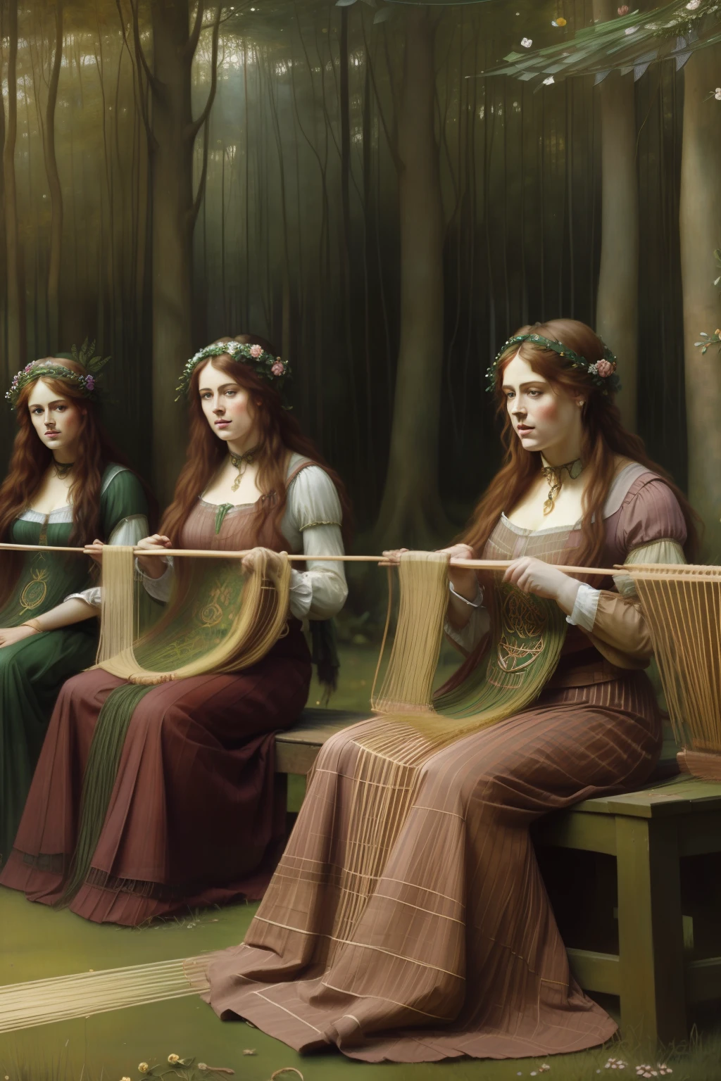 floresta encantada. (((Pre-Raphaelite painting of Celtic women in a weaving competition)))