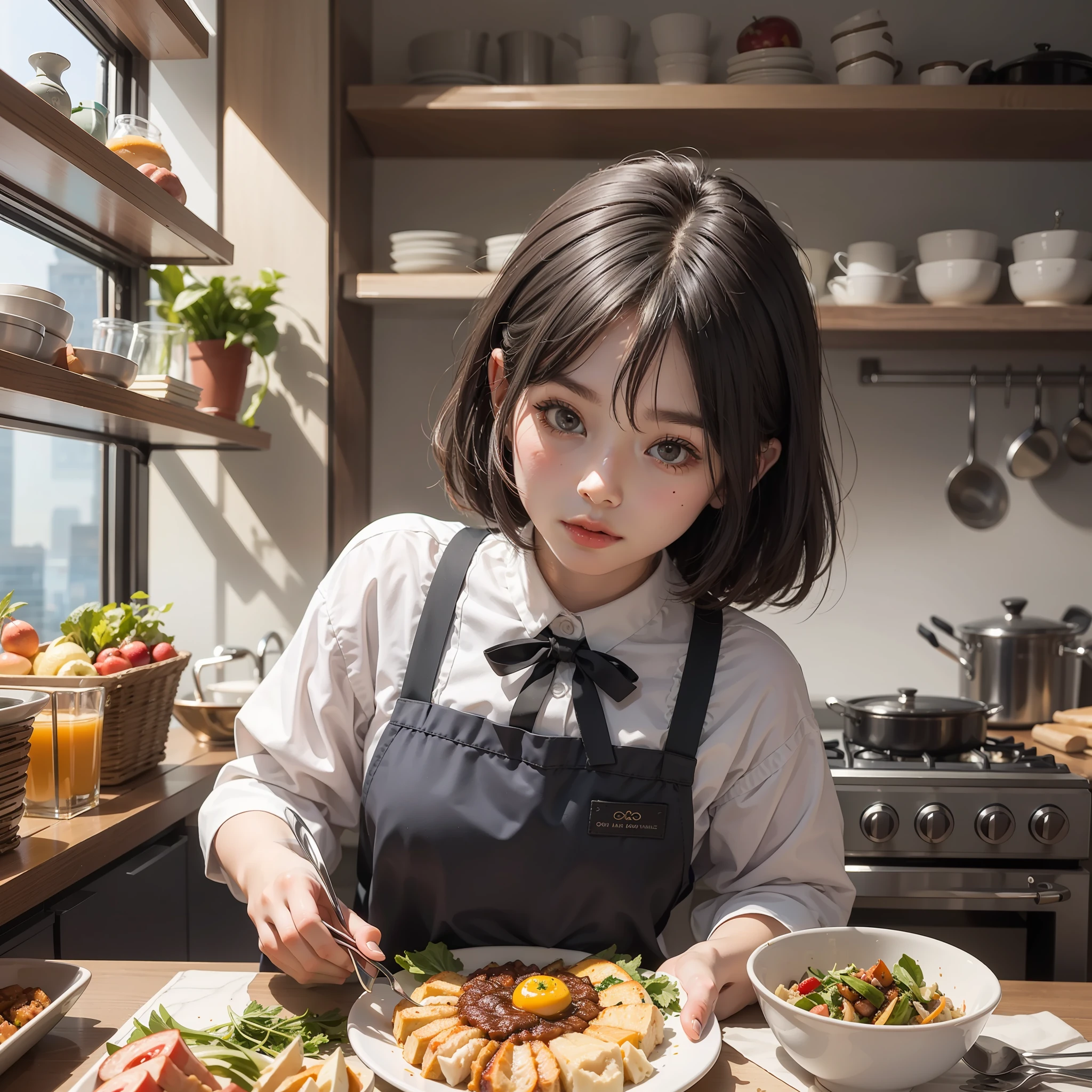 Located on the 180th floor of Shanghai Tower，Five delicate cute  girls with upturned asses，juniorin an upscale open kitchen