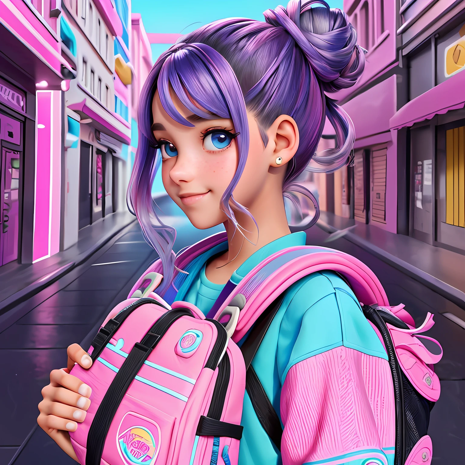 uma jovem, Your hair is stuck in a double bun, tom preto com mechas rosas, roupas leves, mochila, livros, corpo inteiro, The background is filled with a pastel shade, evoking a sense of lightness and happiness.